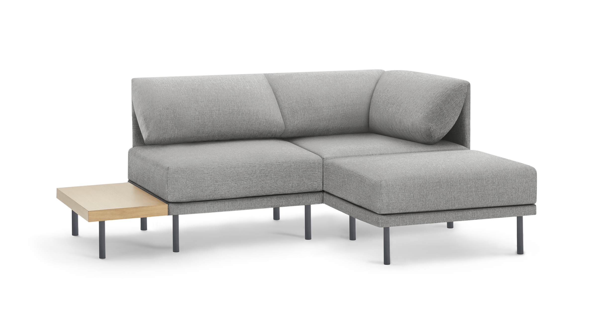 modern l - shaped sectional sofa with light gray fabric upholstery, featuring a matching ottoman, black metal legs, and a wooden side