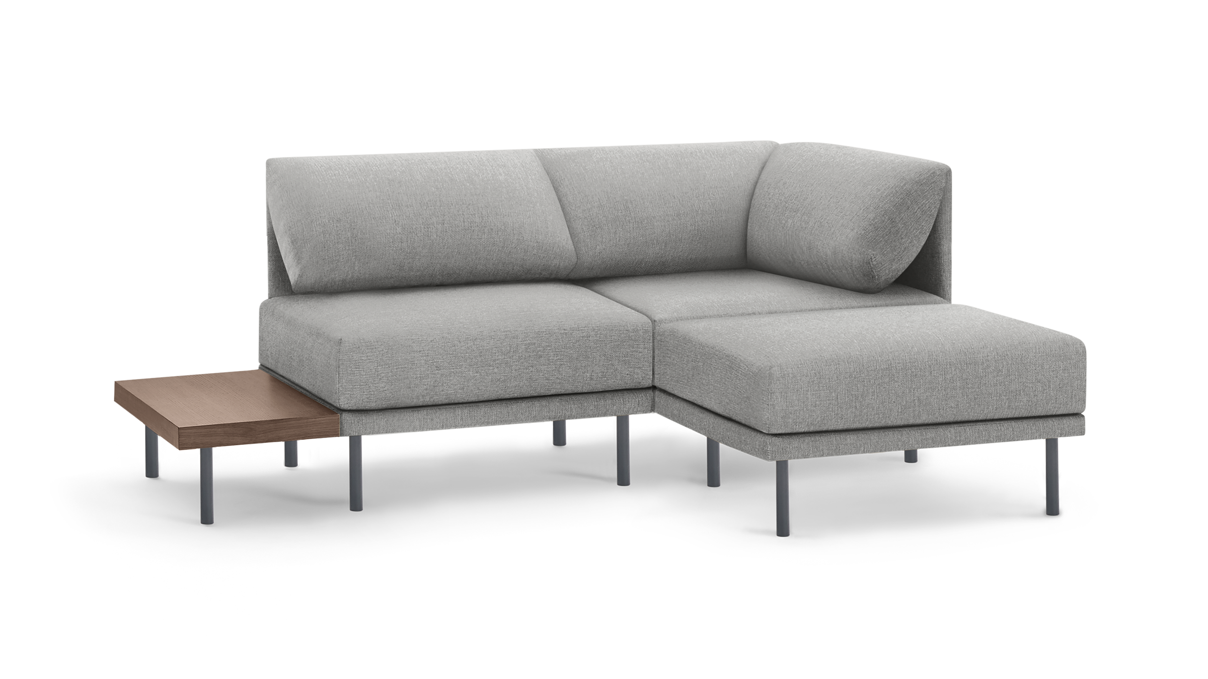 modern l - shaped sectional sofa with light gray fabric upholstery, featuring a matching ottoman, black metal legs, and a wooden coffee
