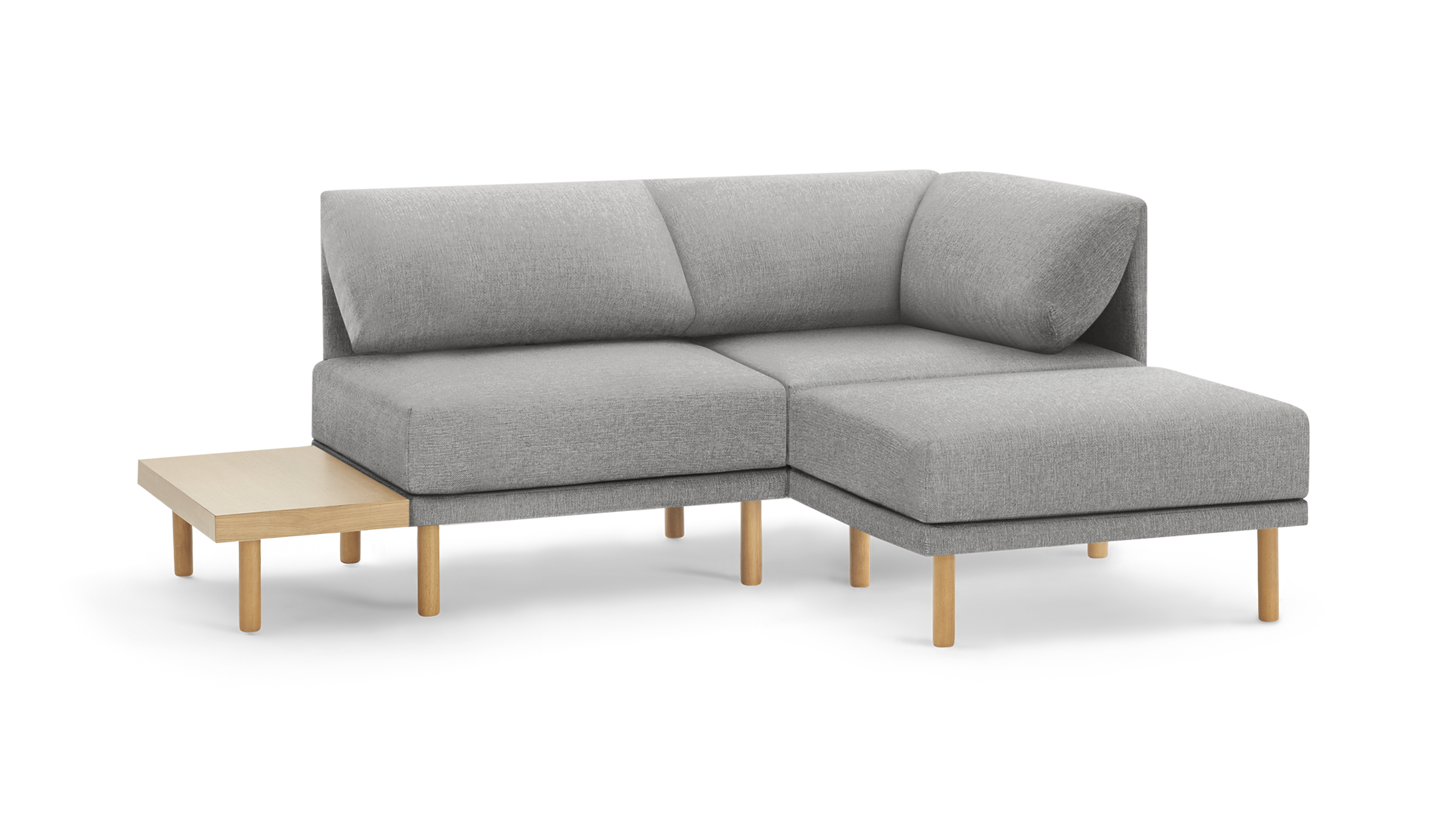 light gray modern sectional sofa with wooden legs and matching ottoman, featuring a clean, minimal design