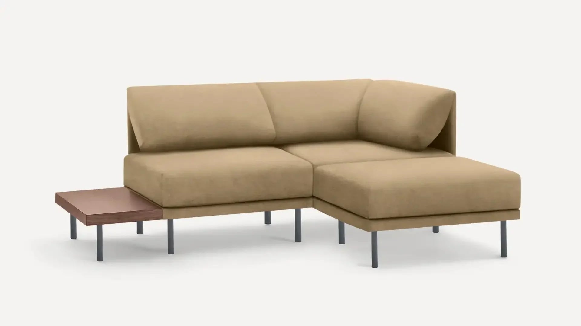 modern beige sectional sofa with chaise lounge and matching ottoman, featuring a sleek metal frame and sleek fabric cushions