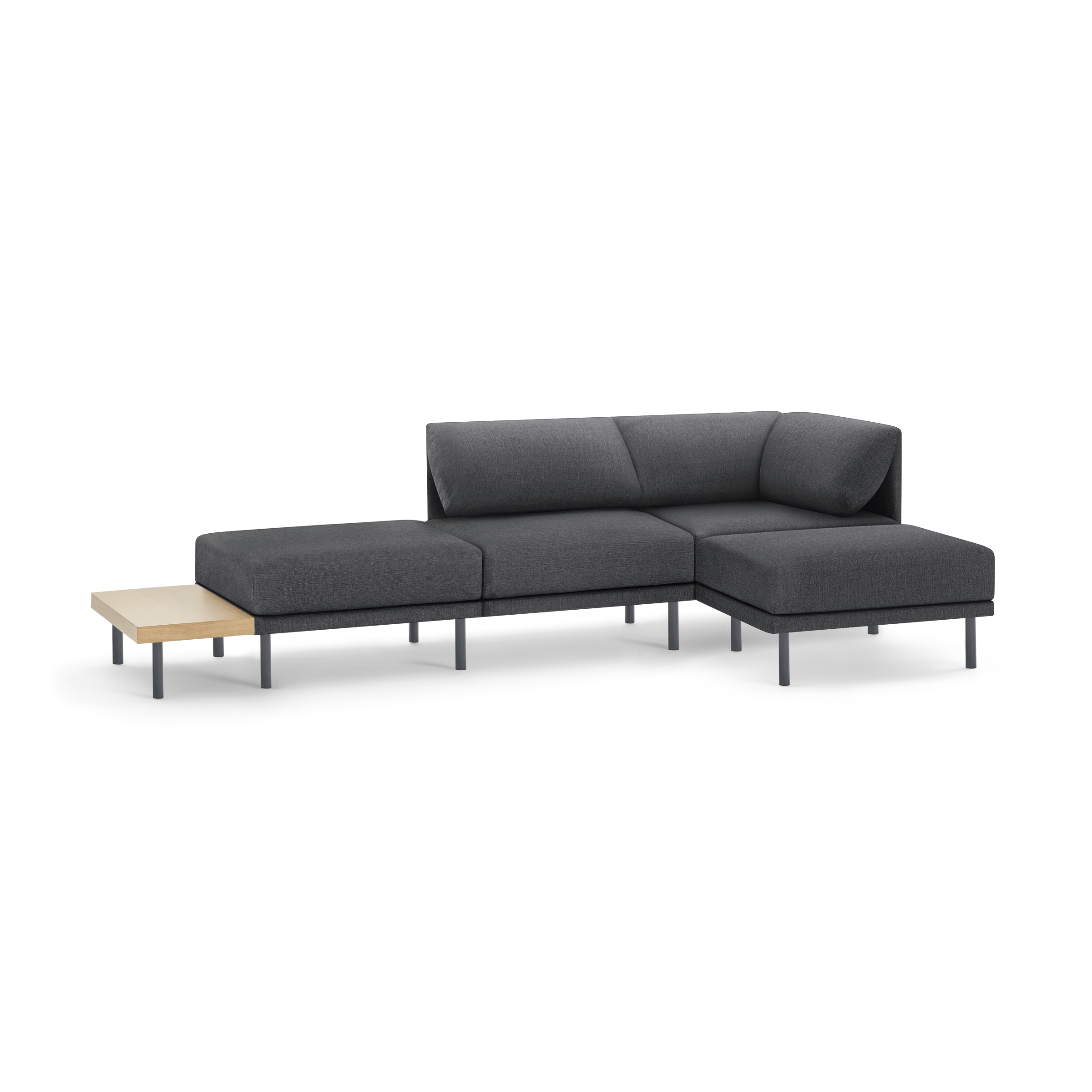 modern l - shaped sectional sofa with sleek metal legs and a light wood coffee table on the left side, featuring a dark gray fabric sectional