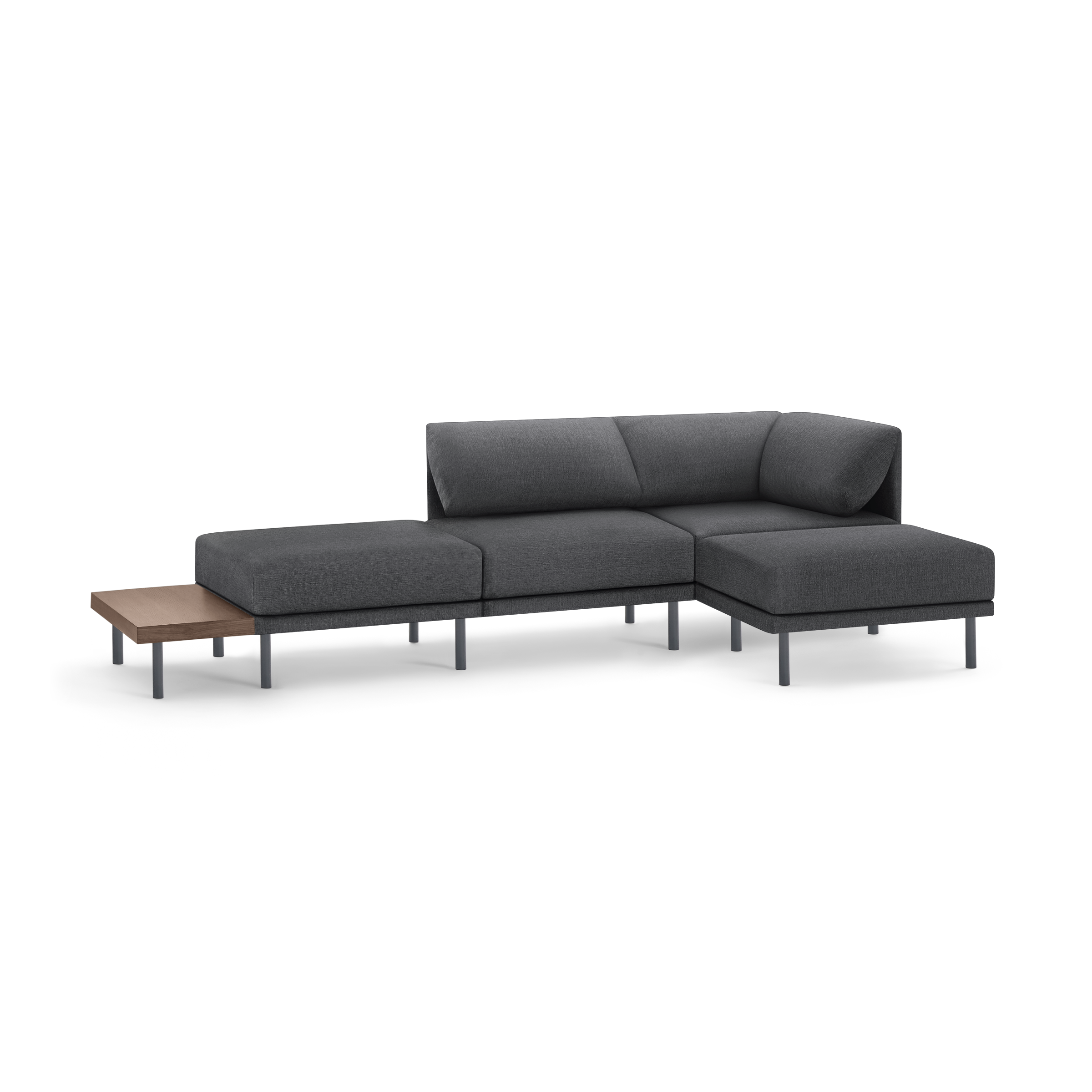 modern l - shaped sectional sofa with dark gray fabric upholstery, tapered wooden legs, and a sleek wooden coffee table on the