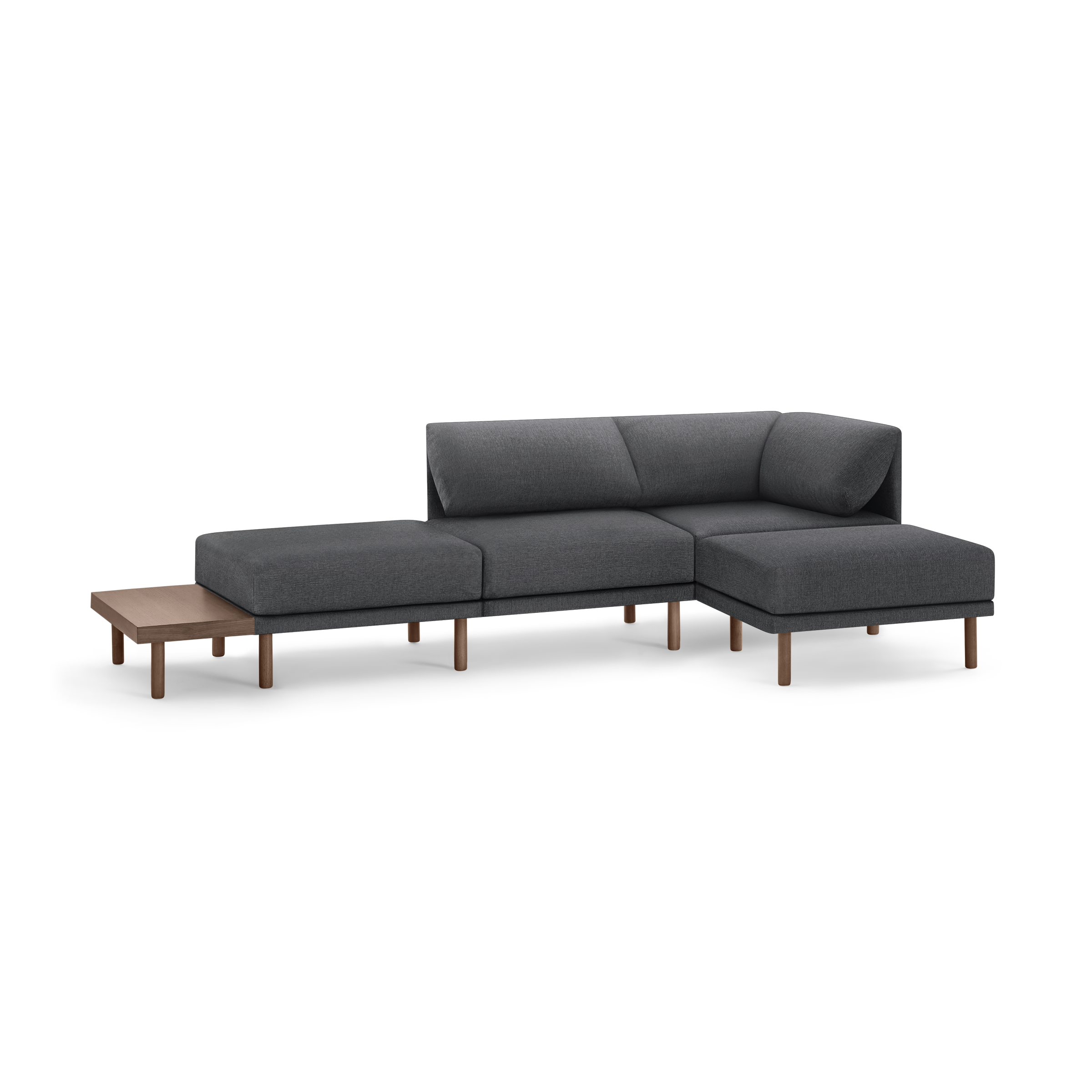 modern l - shaped sectional sofa with dark gray fabric upholstery, wooden legs, and a sleek design, featuring a sleek backrest