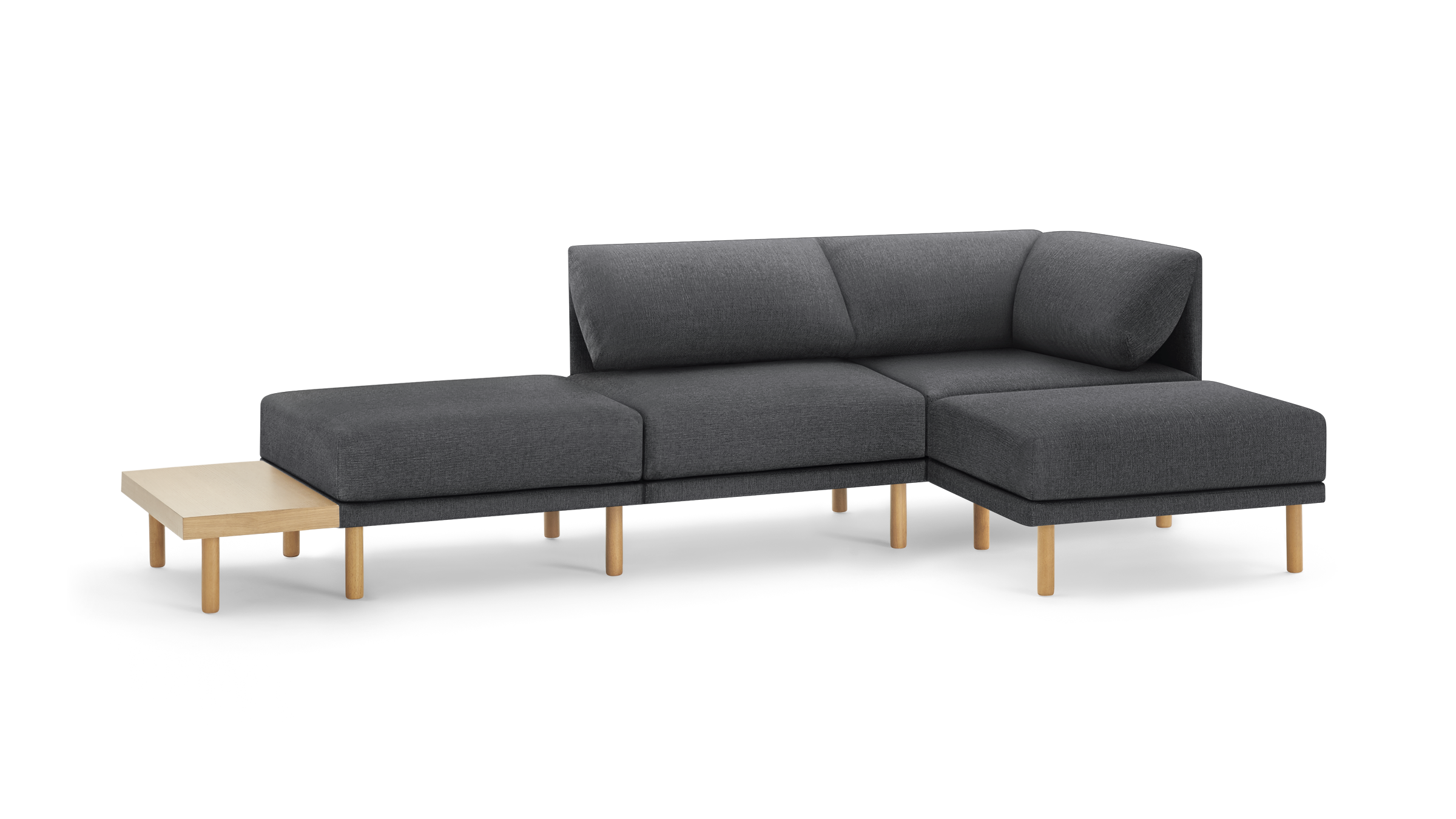 modern l - shaped sectional sofa with light wood legs and dark gray fabric upholstery, featuring a chaise lounge and matching ottoman