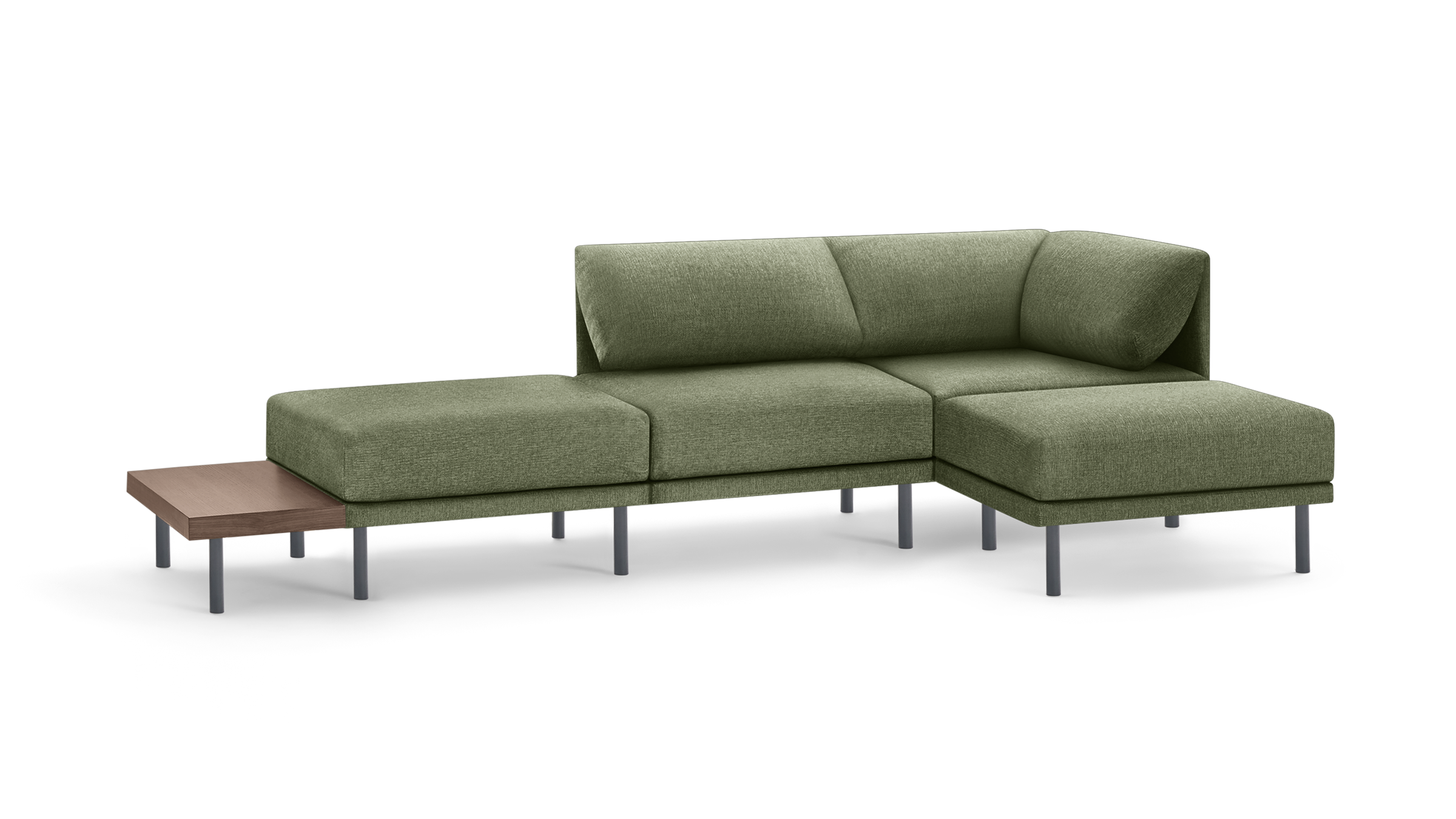 modern l - shaped sectional sofa with green upholstery fabric and black metal legs, featuring a matching ottoman, and a matching side table