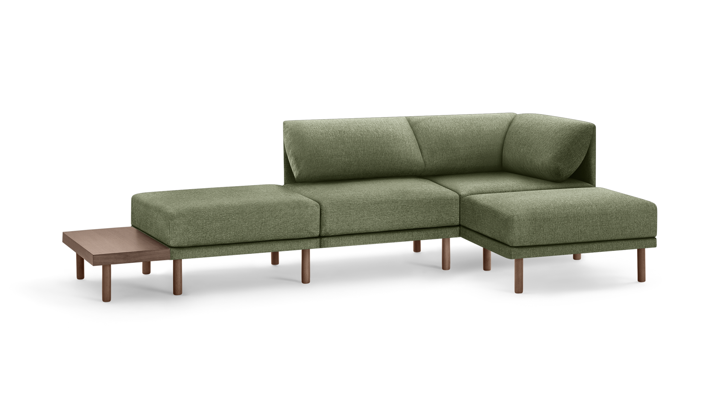 modern l - shaped sectional sofa with green upholstery fabric and wooden legs, featuring a matching chaise lounge, matching ottoman, and