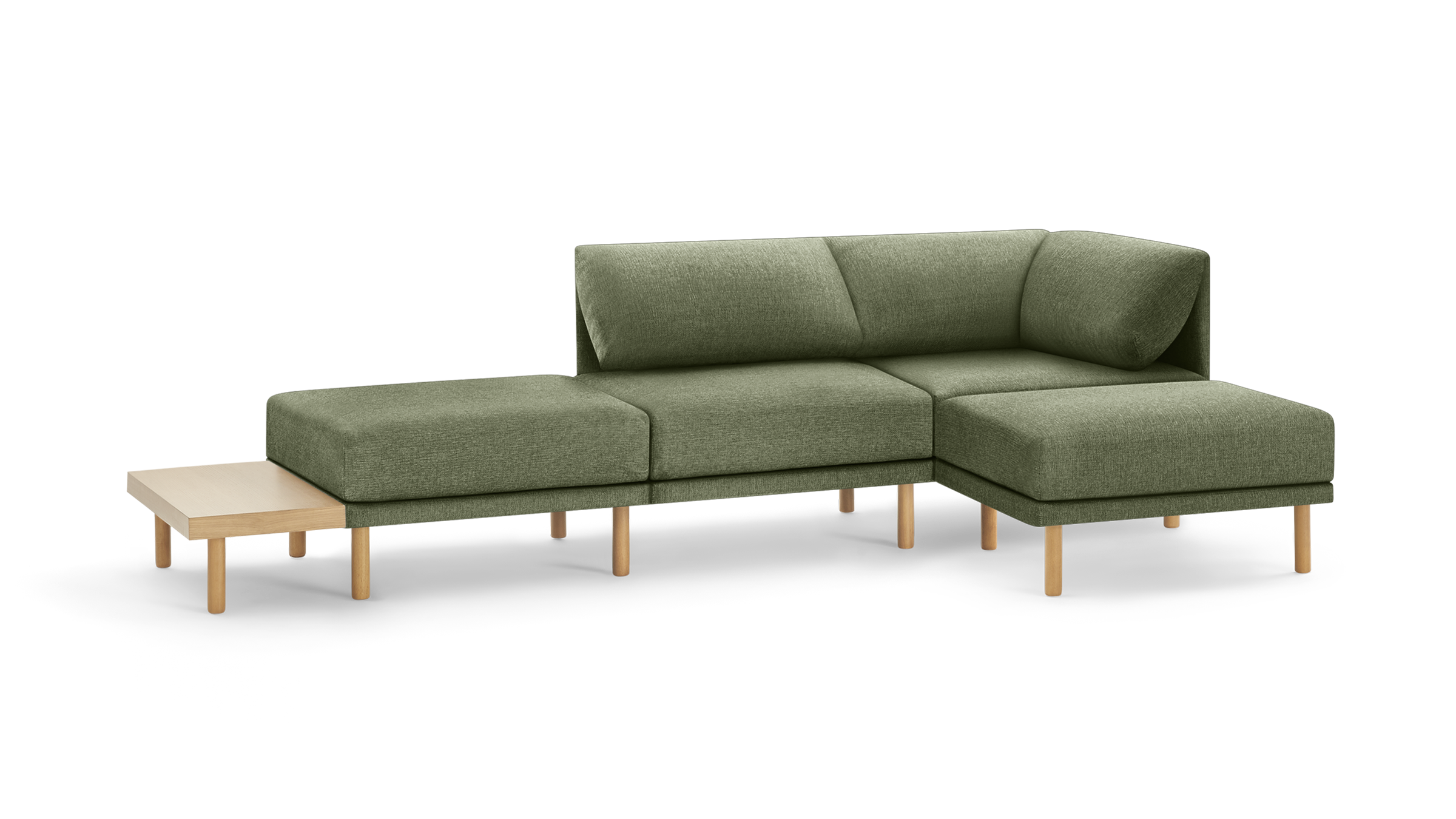 modern l - shaped sectional sofa with green upholstery fabric and wooden legs, featuring a matching chaise lounge, matching ottoman, and