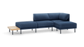 modern l - shaped sectional sofa with navy blue fabric upholstery, tapered wooden legs, and a matching ottoman, featuring a matching
