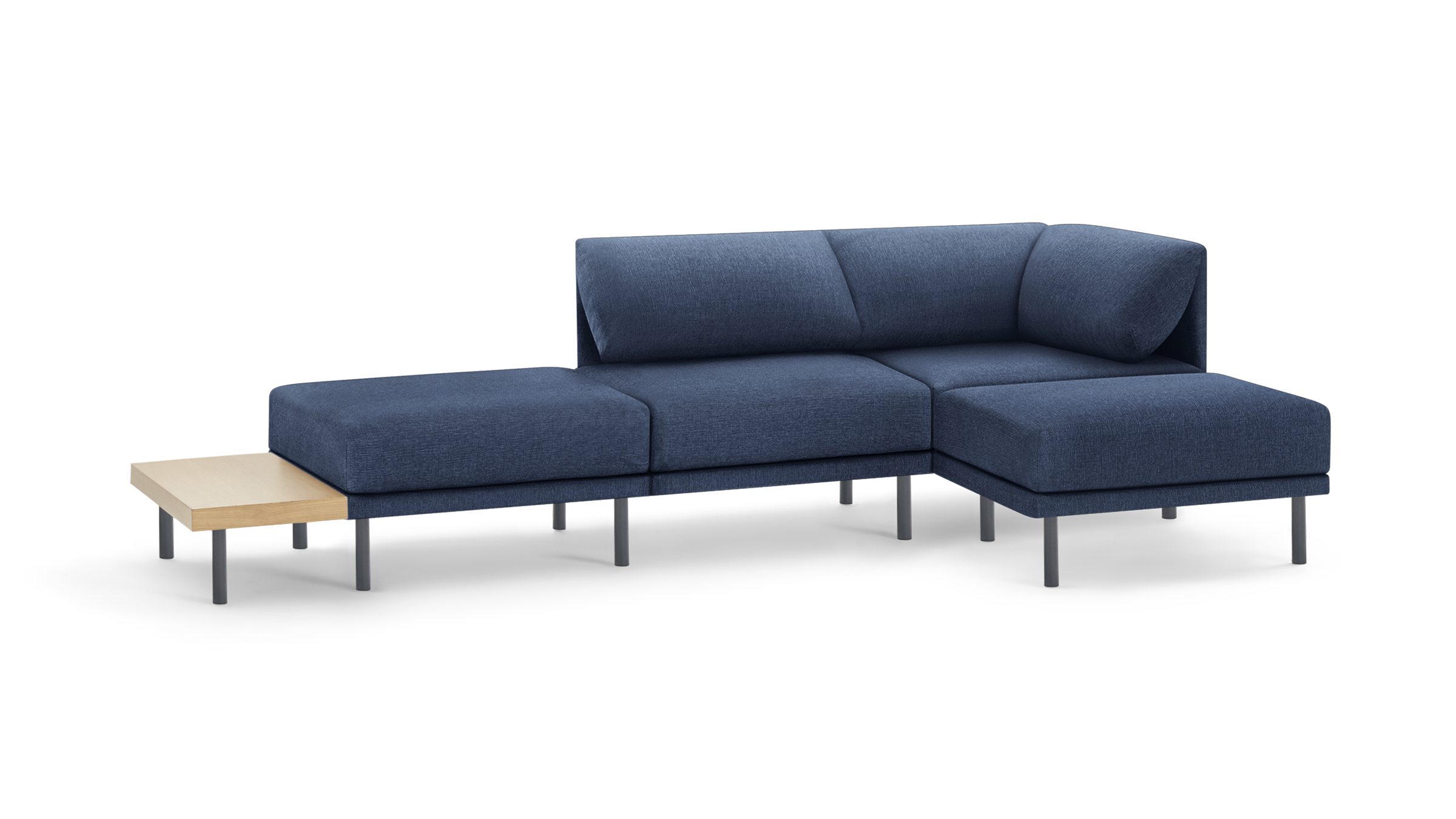 modern l - shaped sectional sofa with navy blue fabric upholstery, tapered wooden legs, and a matching ottoman, featuring a matching