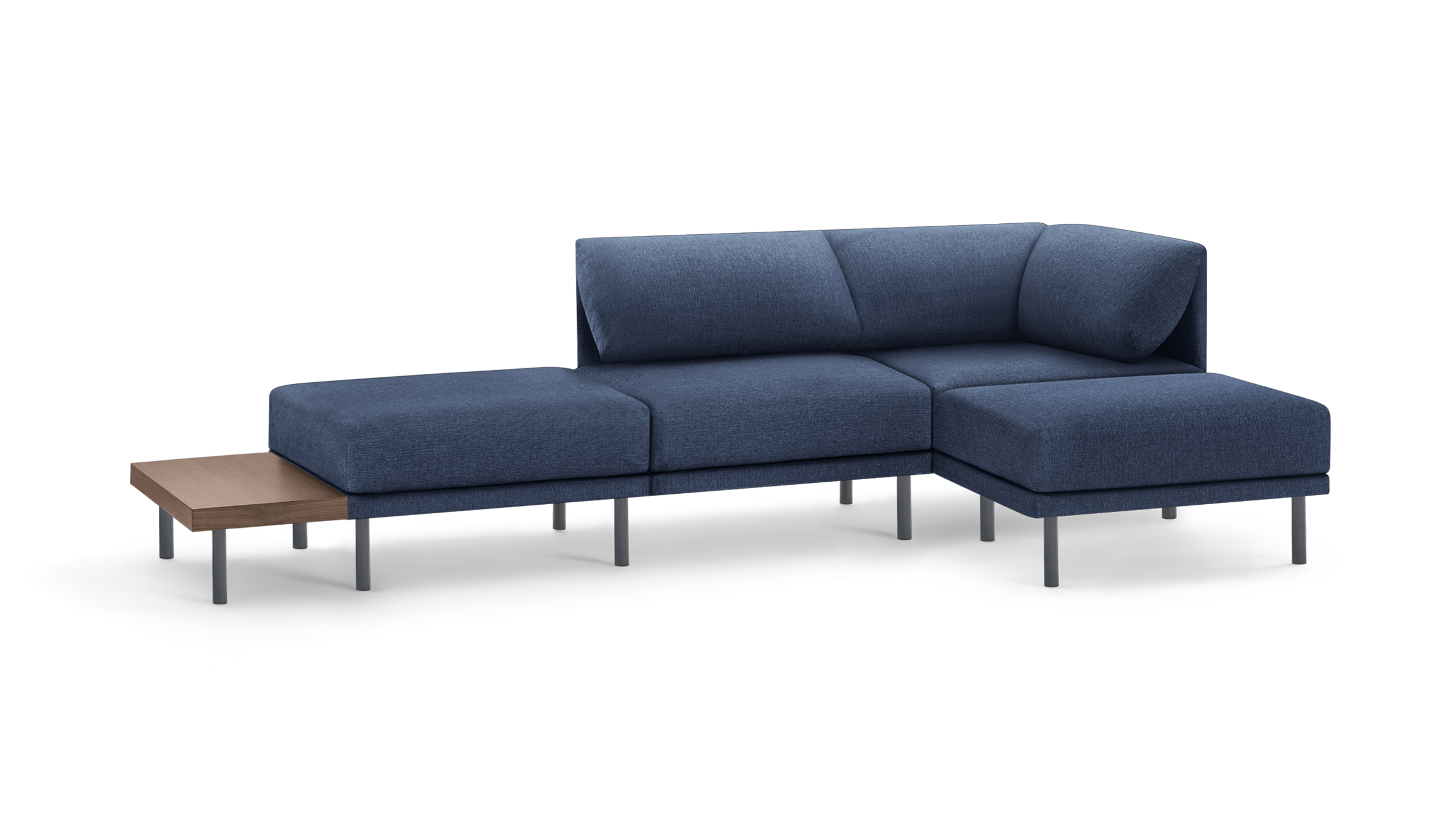 modern l - shaped sectional sofa with blue fabric upholstery, black metal legs, and a wooden side table on a white background