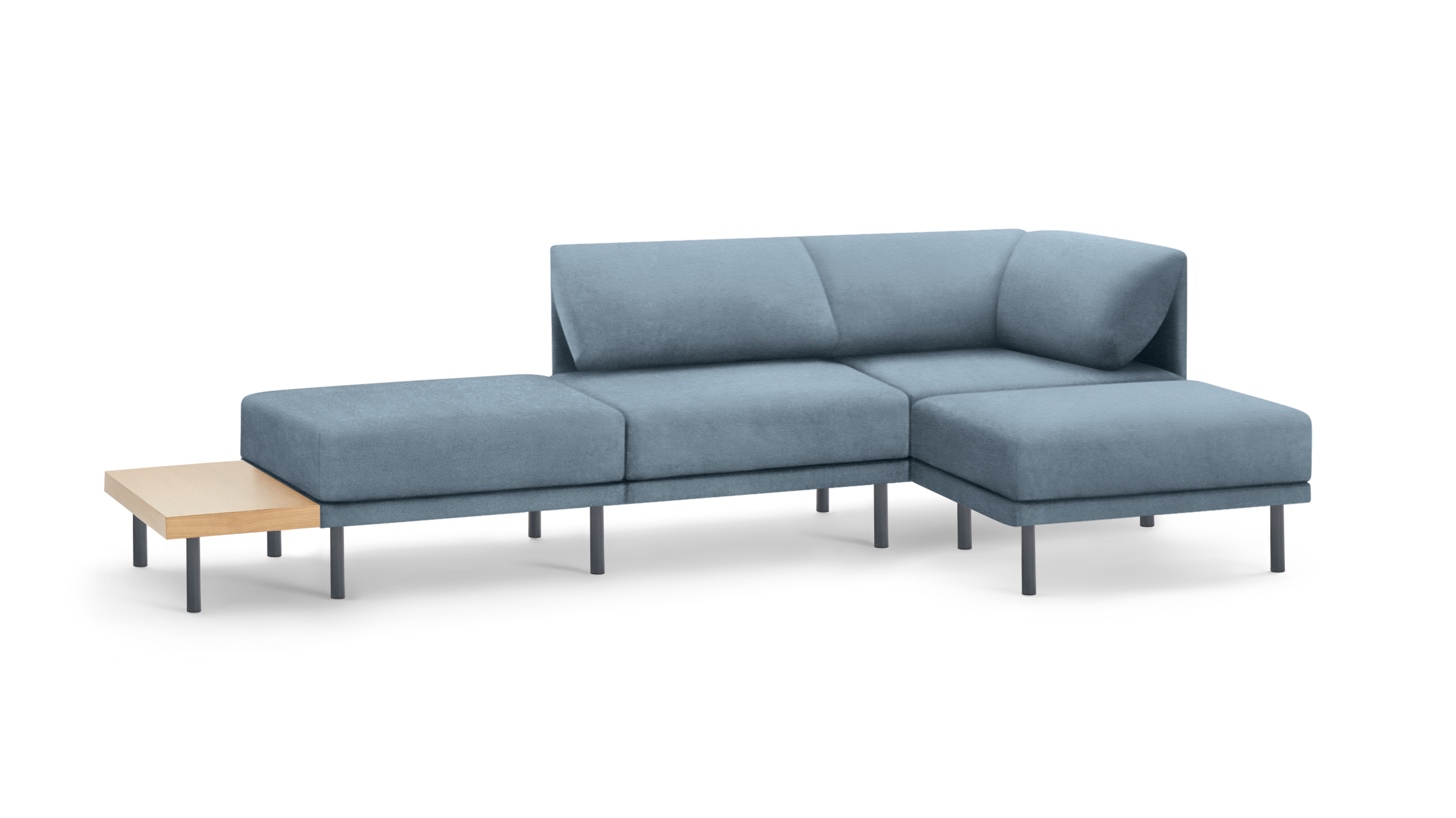 modern light blue sectional sofa with matching ottoman, featuring sleek black metal legs, and a matching wooden side table