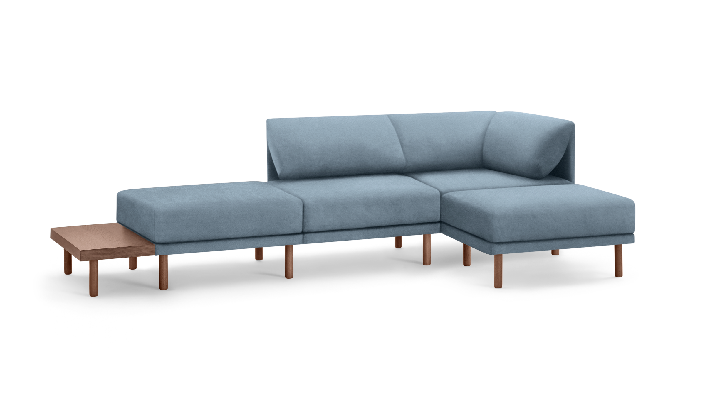 modern light blue sectional sofa with wooden legs and matching ottoman, featuring a clean, minimal design