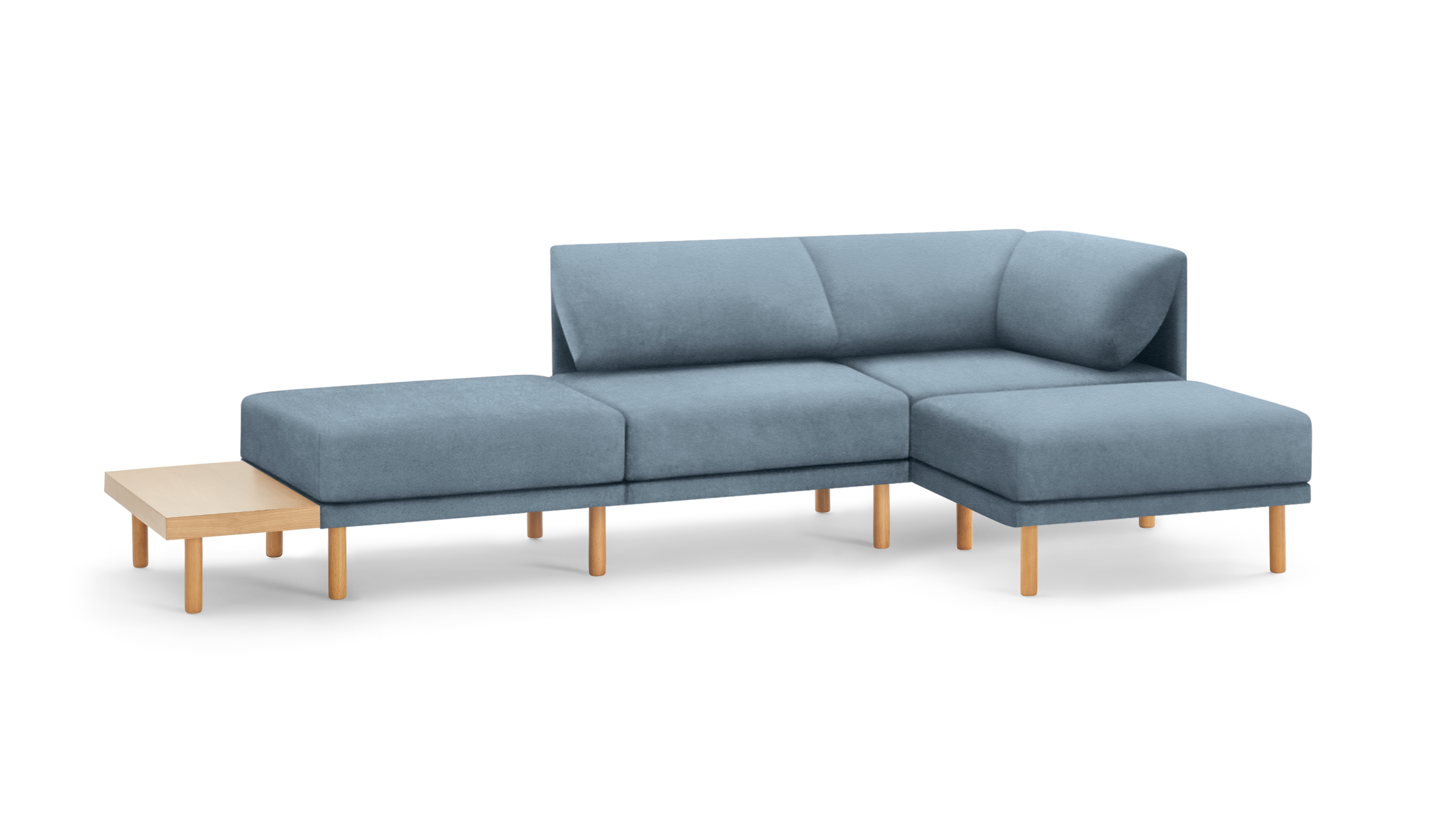 light blue modern sectional sofa with wooden legs and matching ottoman, featuring a clean, minimal design
