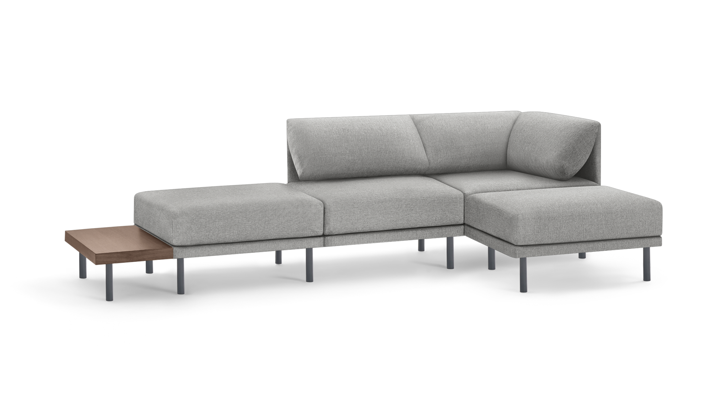 modern l - shaped sectional sofa with light gray fabric upholstery, featuring a matching ottoman, and matching wooden side tables