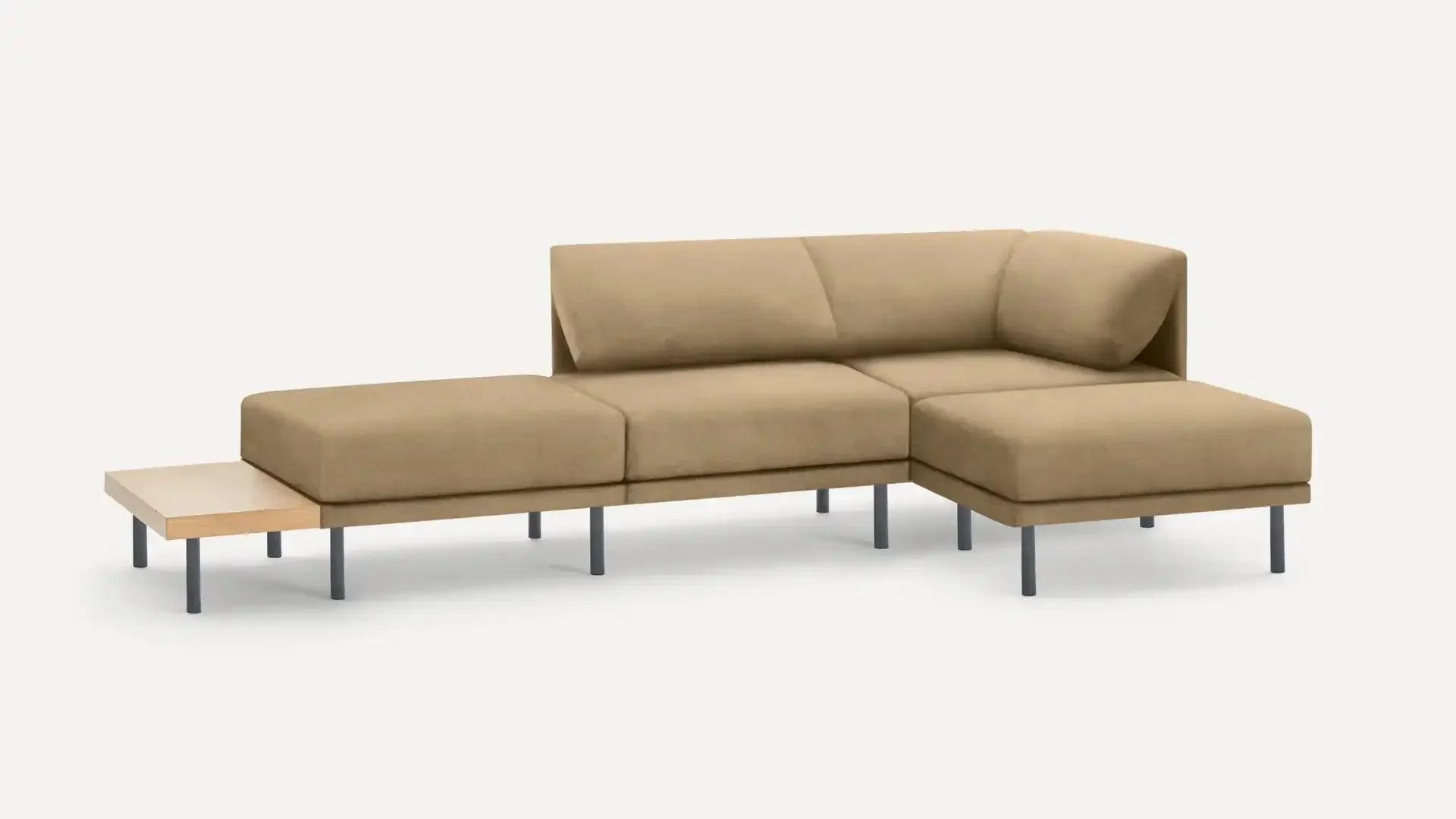 modern beige sectional sofa with metal legs and a wooden table