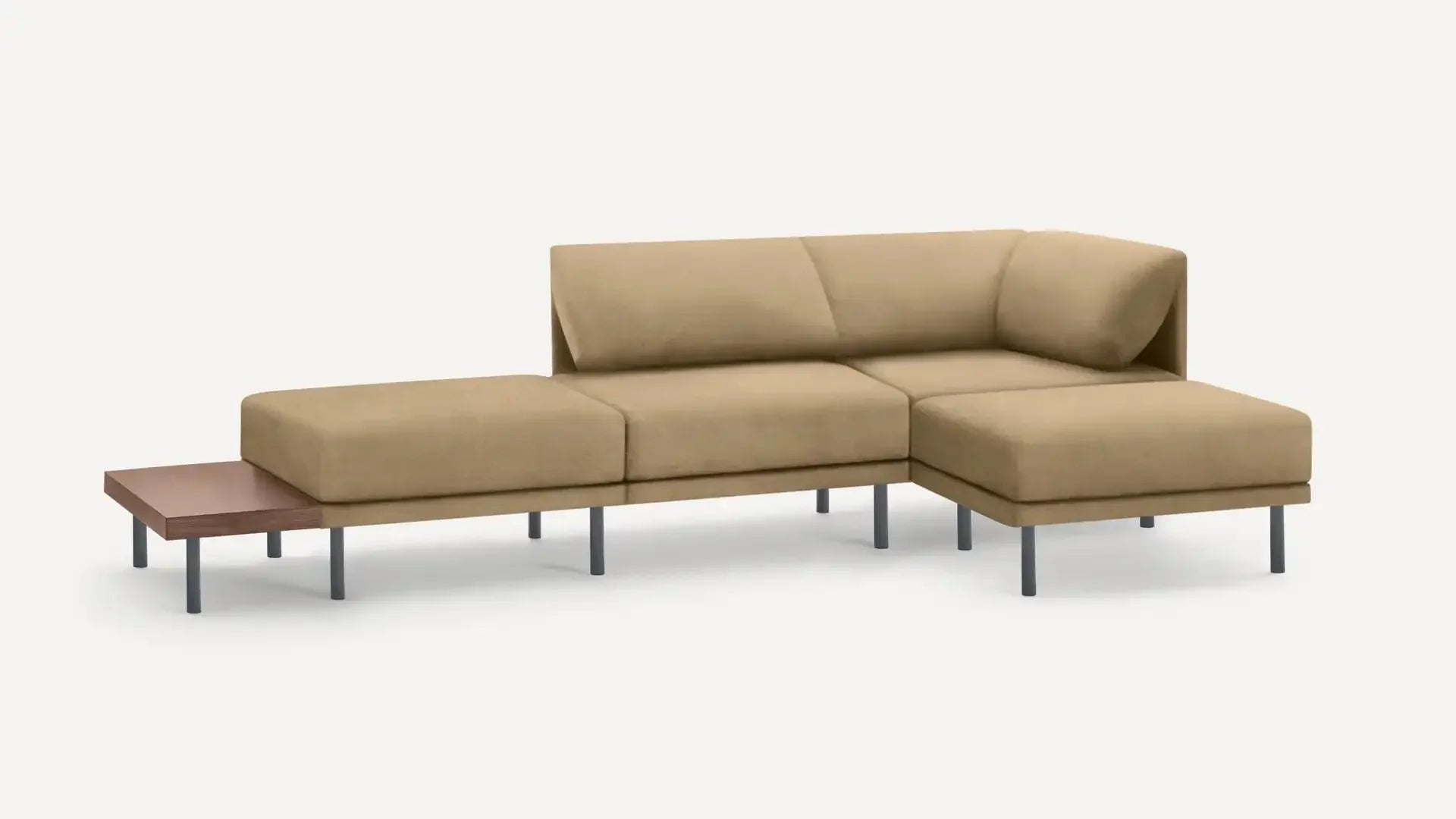 modern beige fabric sectional sofa with chaise lounge and matching ottoman, featuring a sleek metal frame and sleek minimal design
