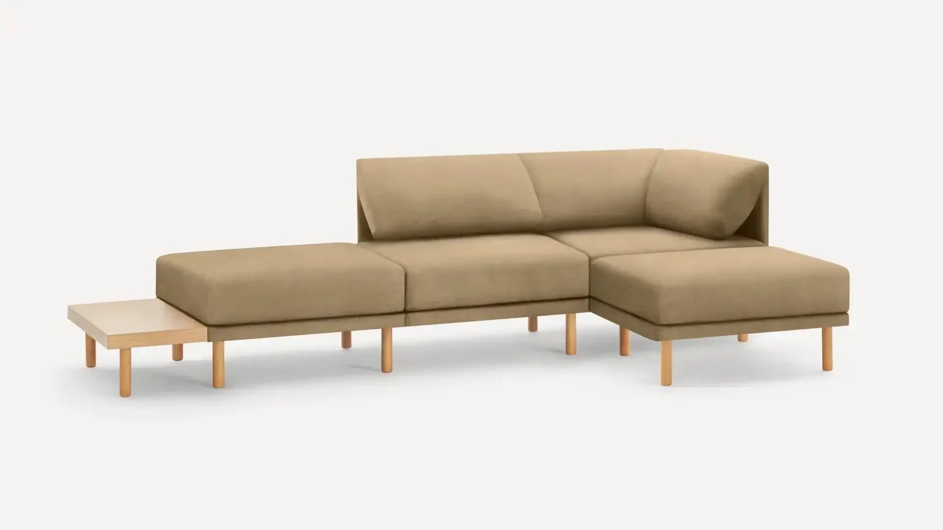 modern beige fabric sectional sofa with wooden legs and matching ottoman, featuring a clean, minimalist design