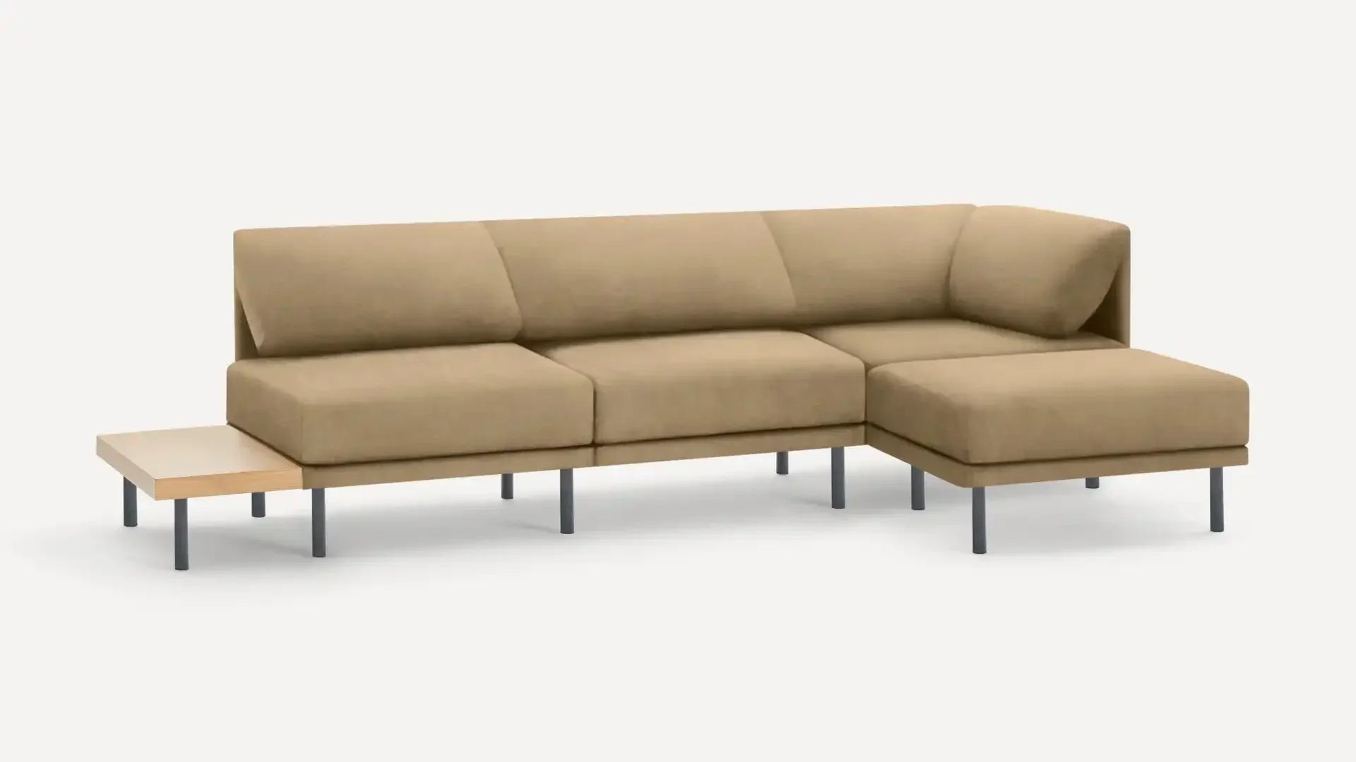 modern beige fabric sectional sofa with metal legs and a chaise lounge, featuring a clean, minimalist design
