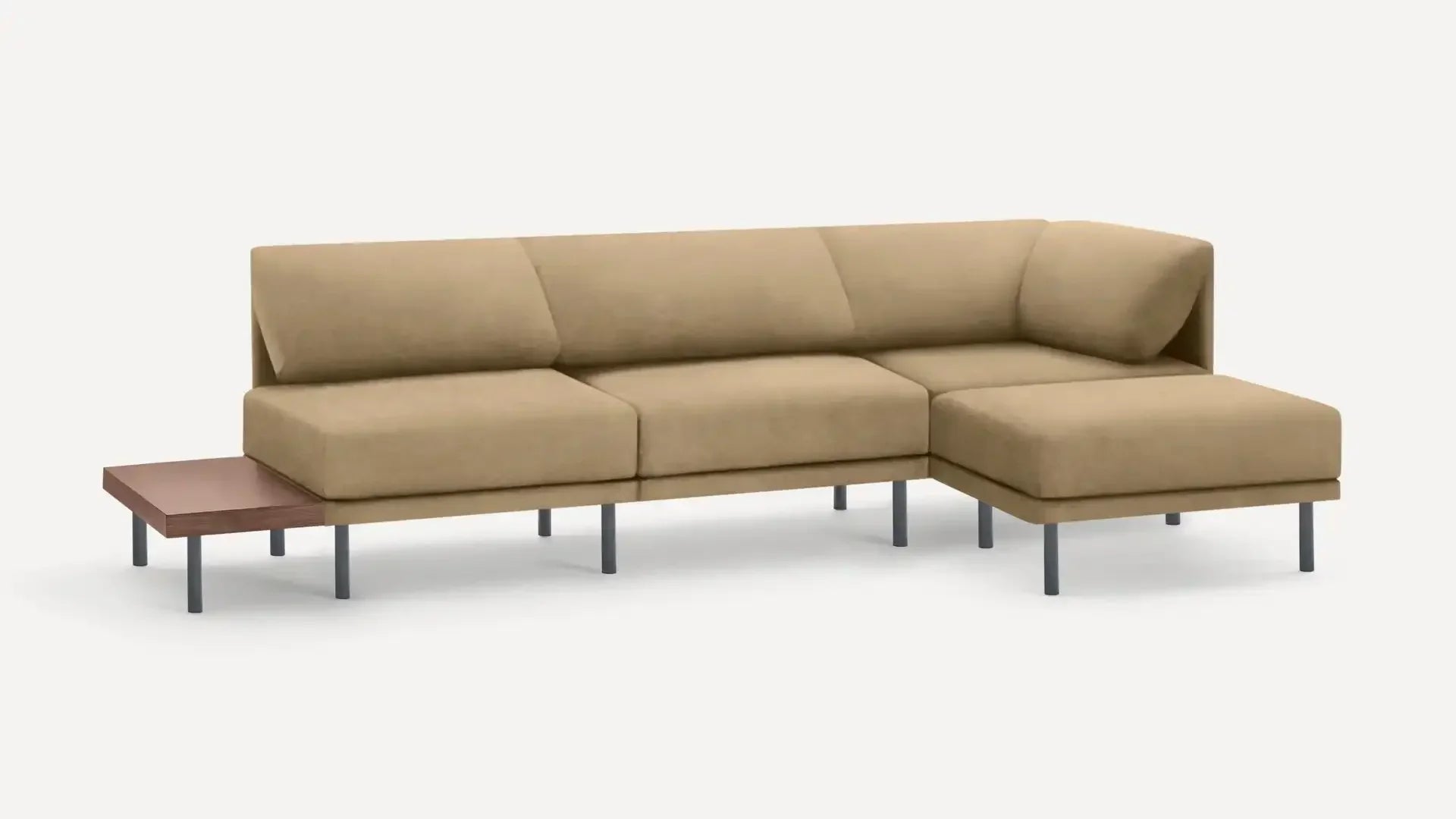 modern beige fabric sectional sofa with metal legs and a wooden coffee table on a white background