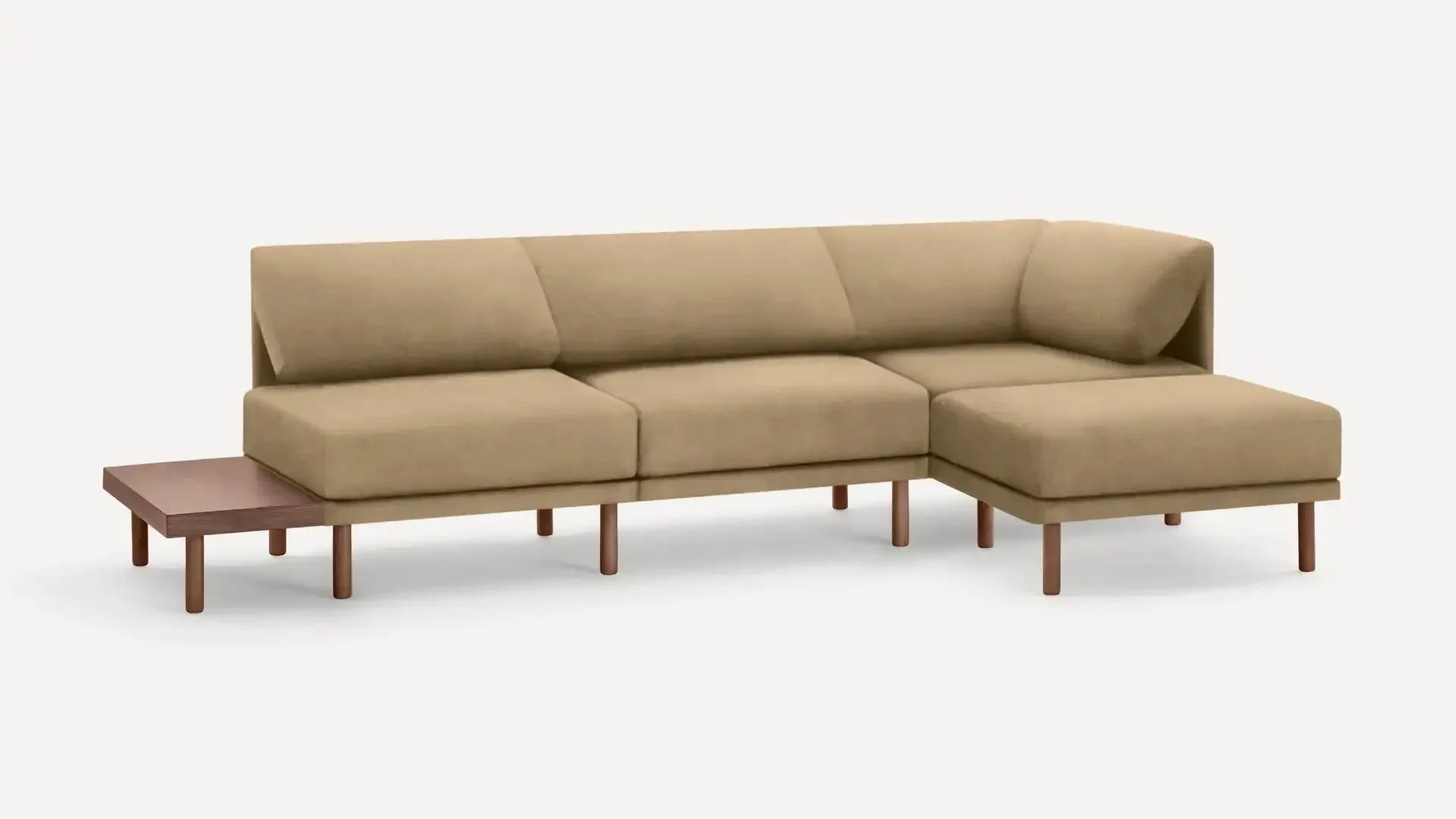 modern beige sectional sofa with wooden legs and a chaise lounge on a white background