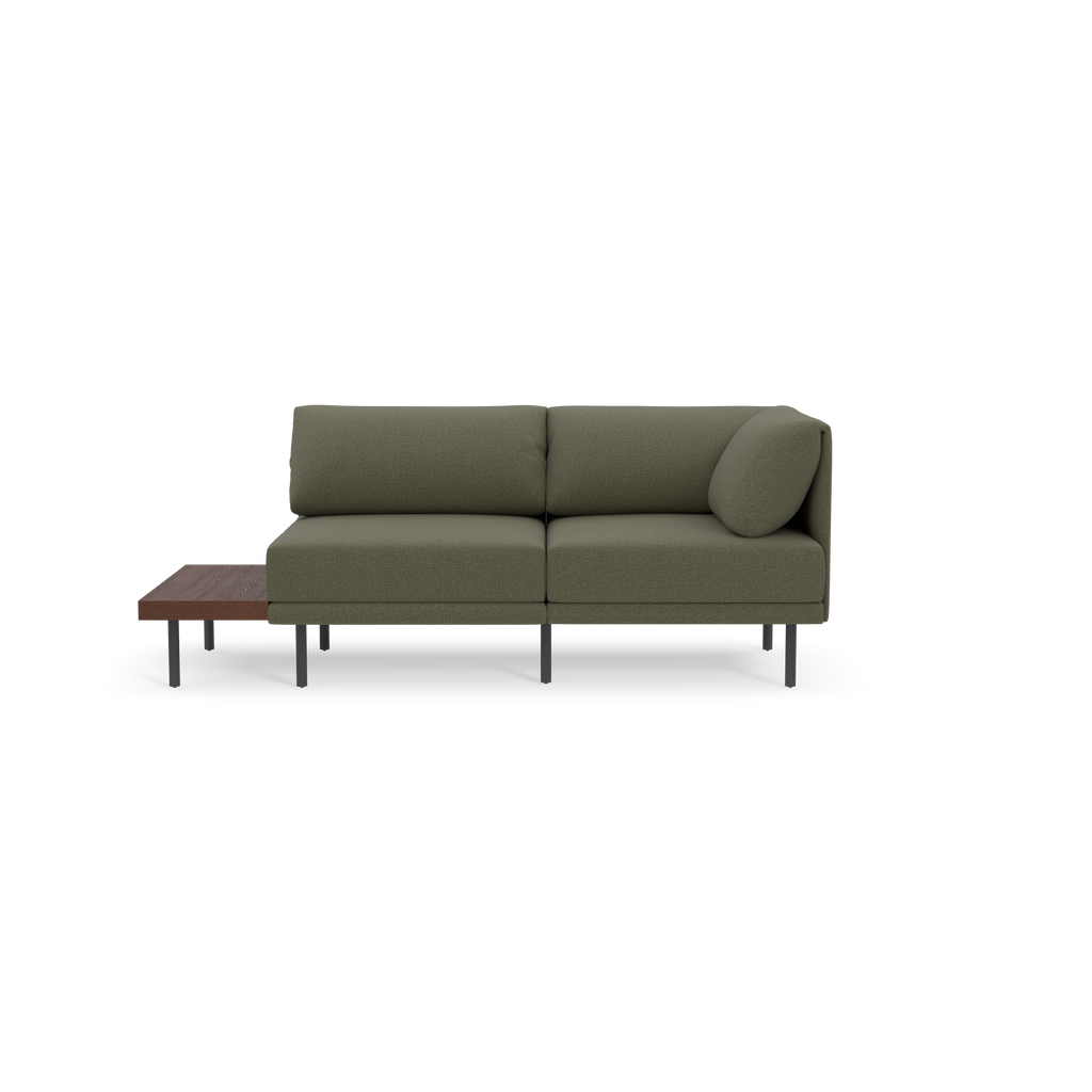 Modern Moss green fabric sofa with metal legs and attached wooden side table, featuring rectangular cushions and a round accent pillow.