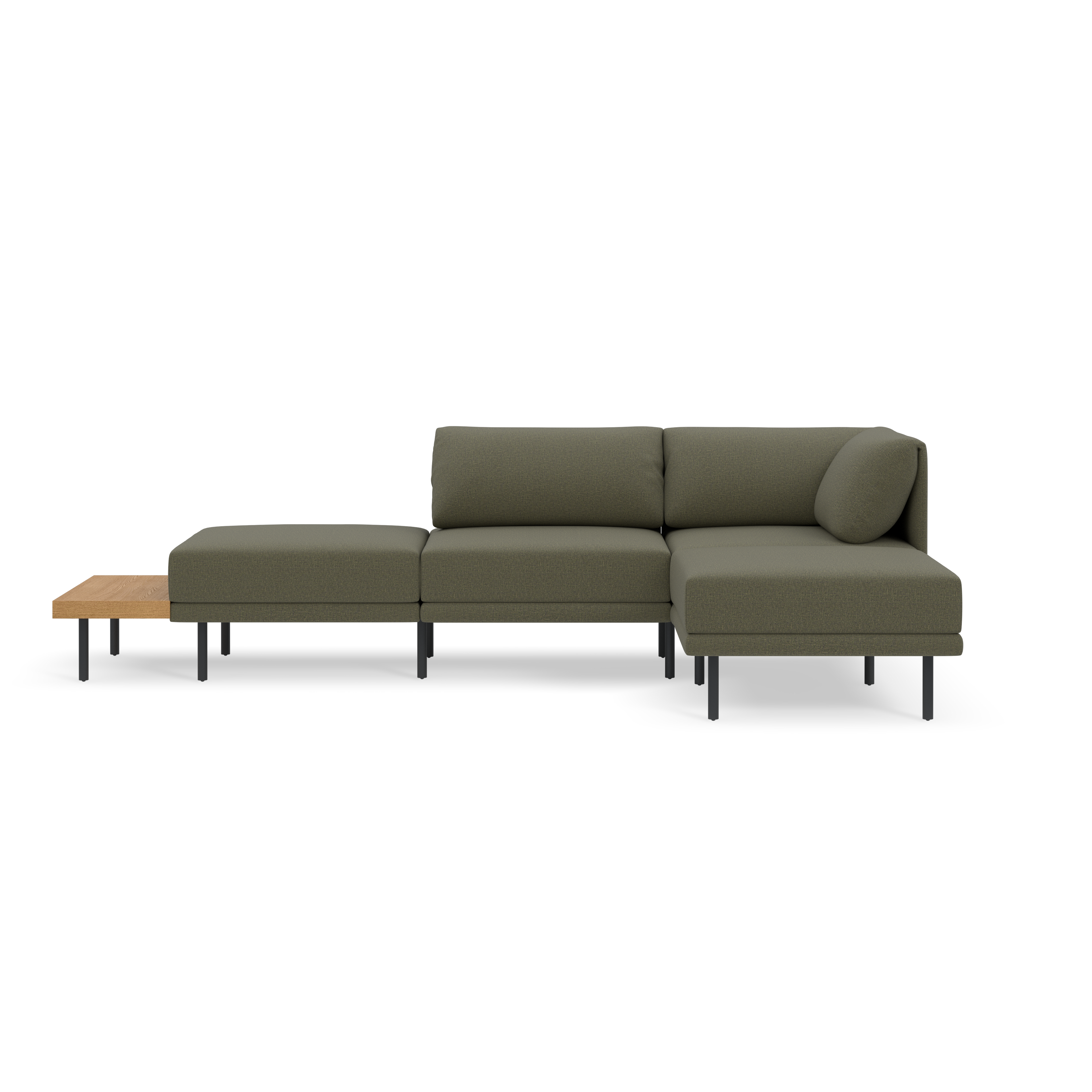 Modern modular Moss green fabric sectional sofa with metal legs and attached wooden side table on black background.