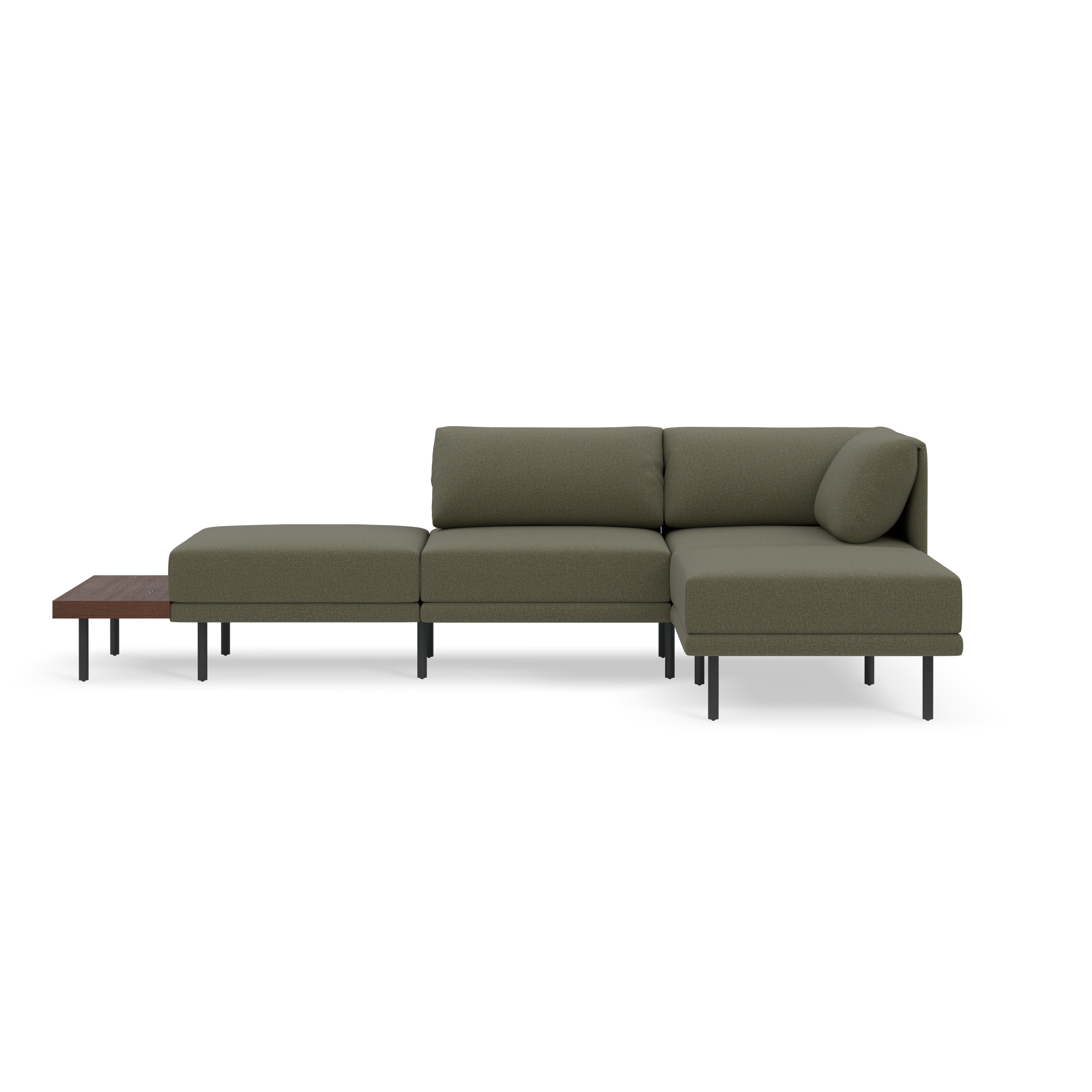 Modern Moss green sectional sofa with black metal legs and an integrated wooden side table on the left.