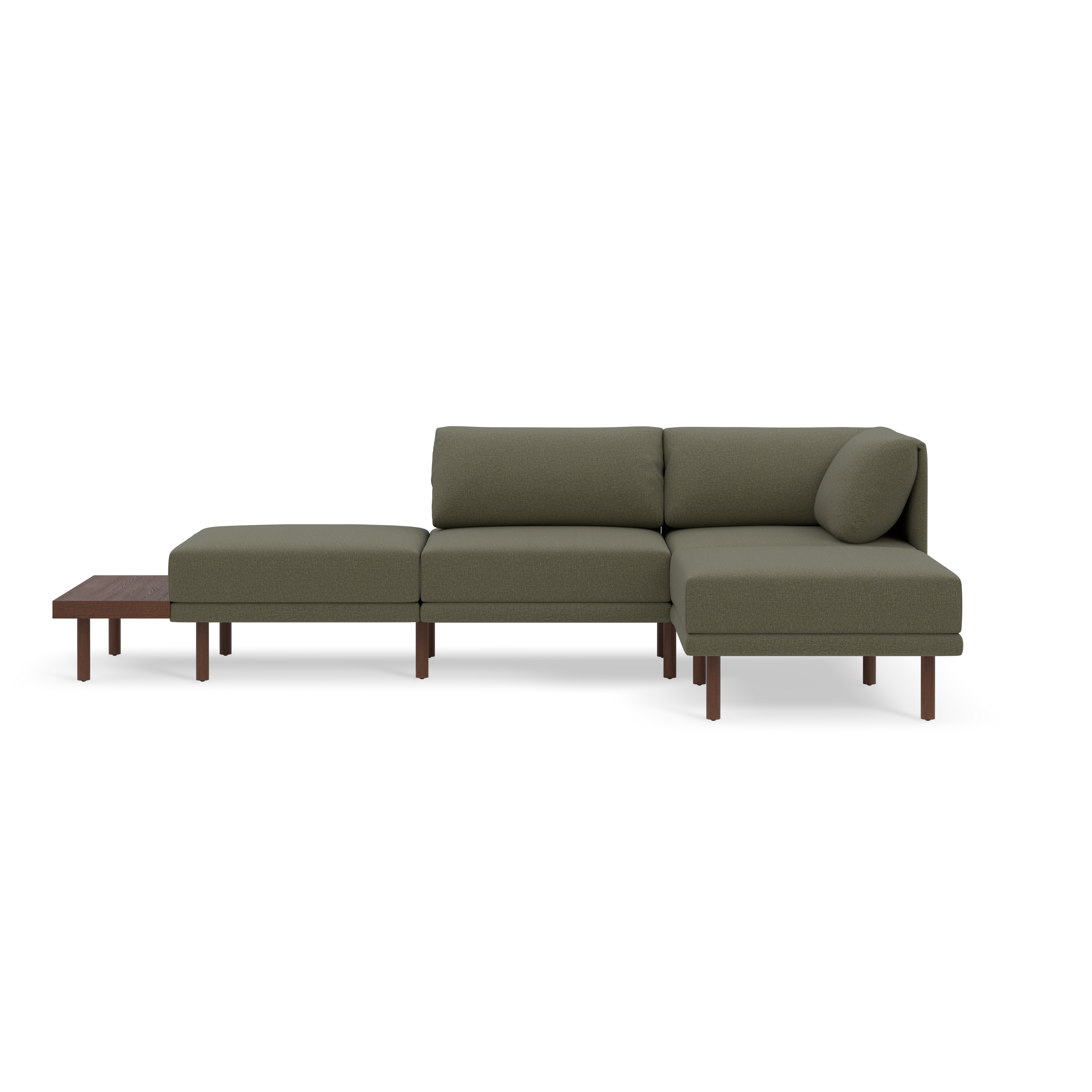 Modern modular Moss green fabric sectional sofa with wooden legs and attached low wooden side table.
