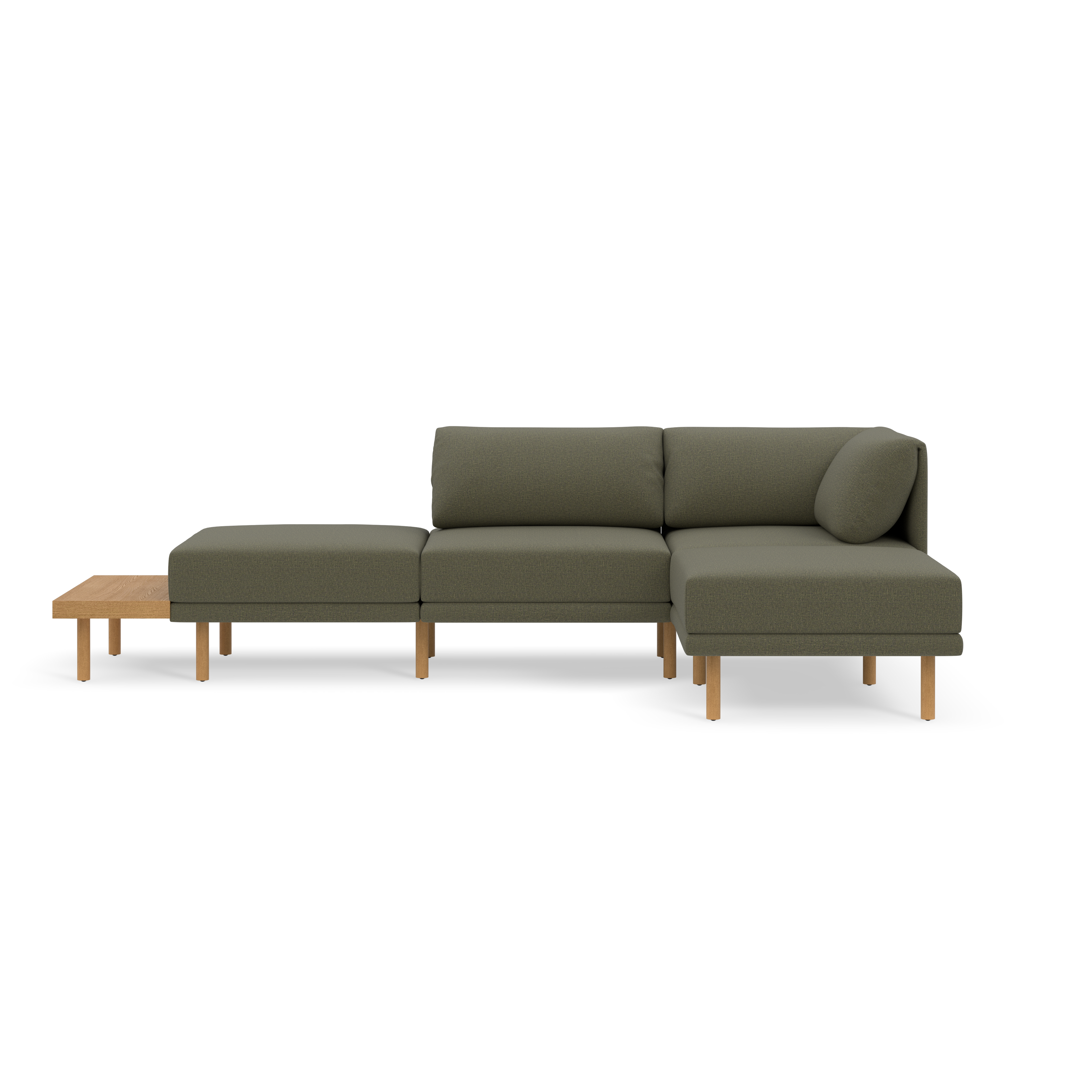 Modern Moss green sectional sofa with wooden legs and integrated light wood side table, featuring clean lines and plush cushions.
