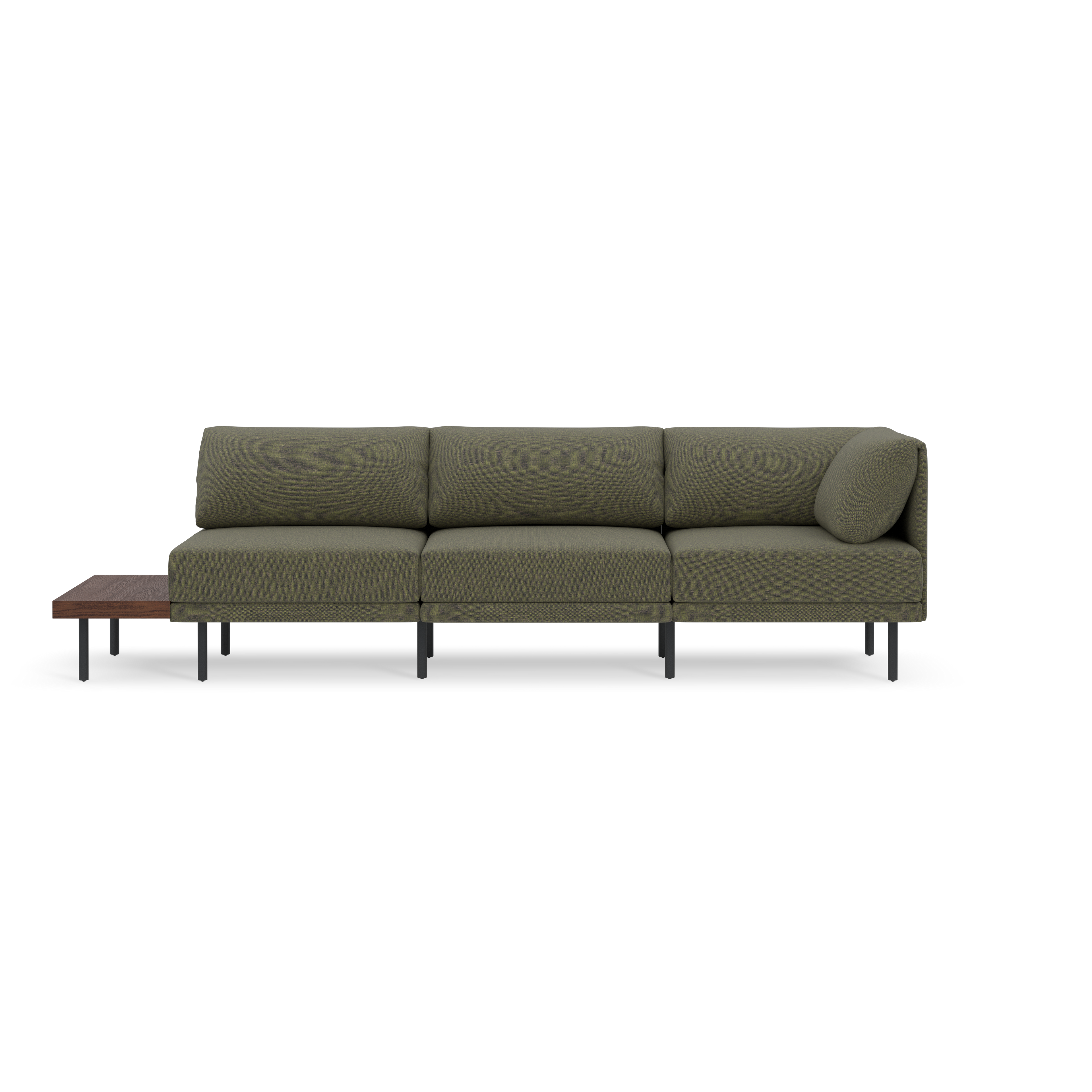 Modern Moss green three-seater sofa with a round bolster pillow on the right and an attached dark wooden side table on black metal legs.