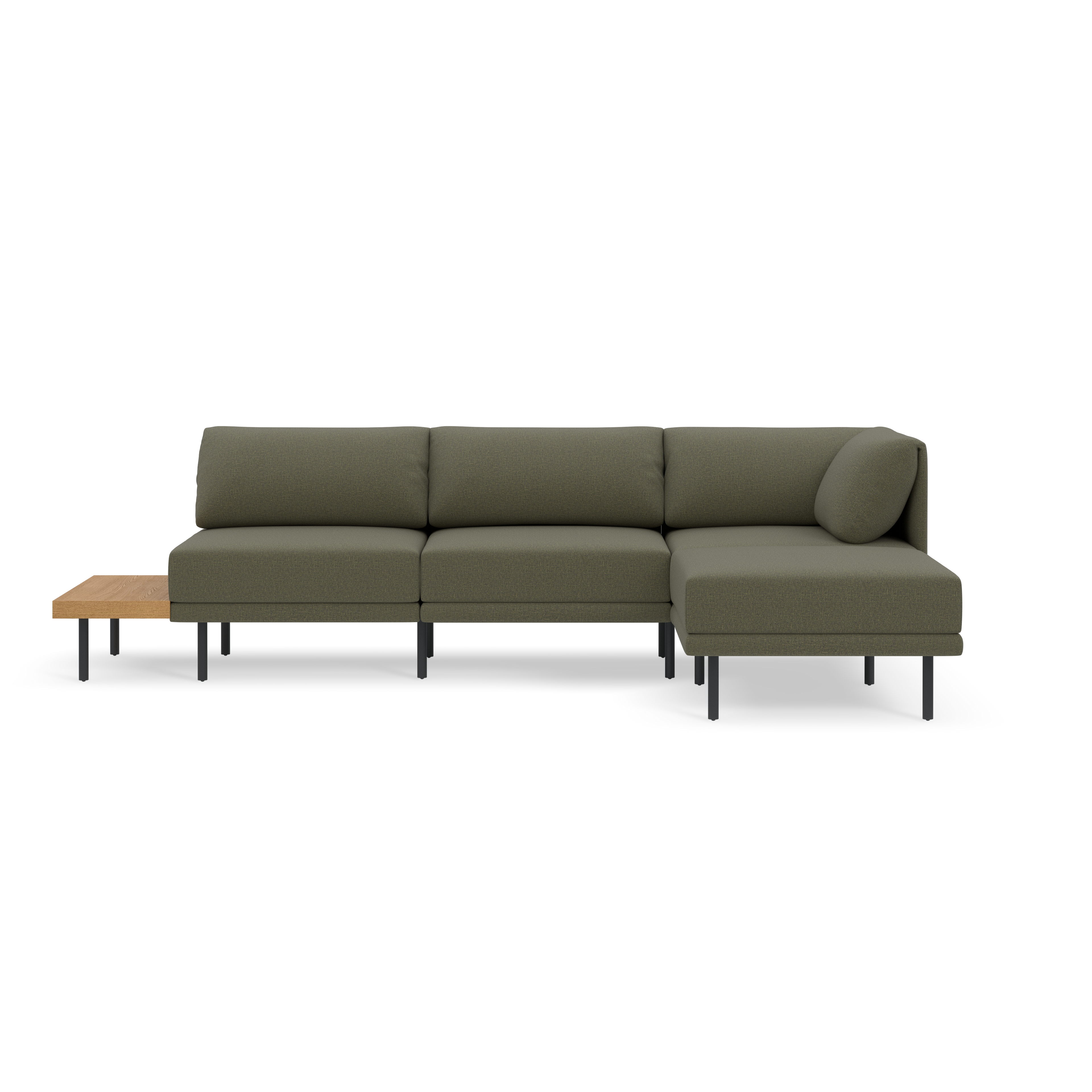 Modern Moss green sectional sofa with black legs and attached wooden side table on the left end.
