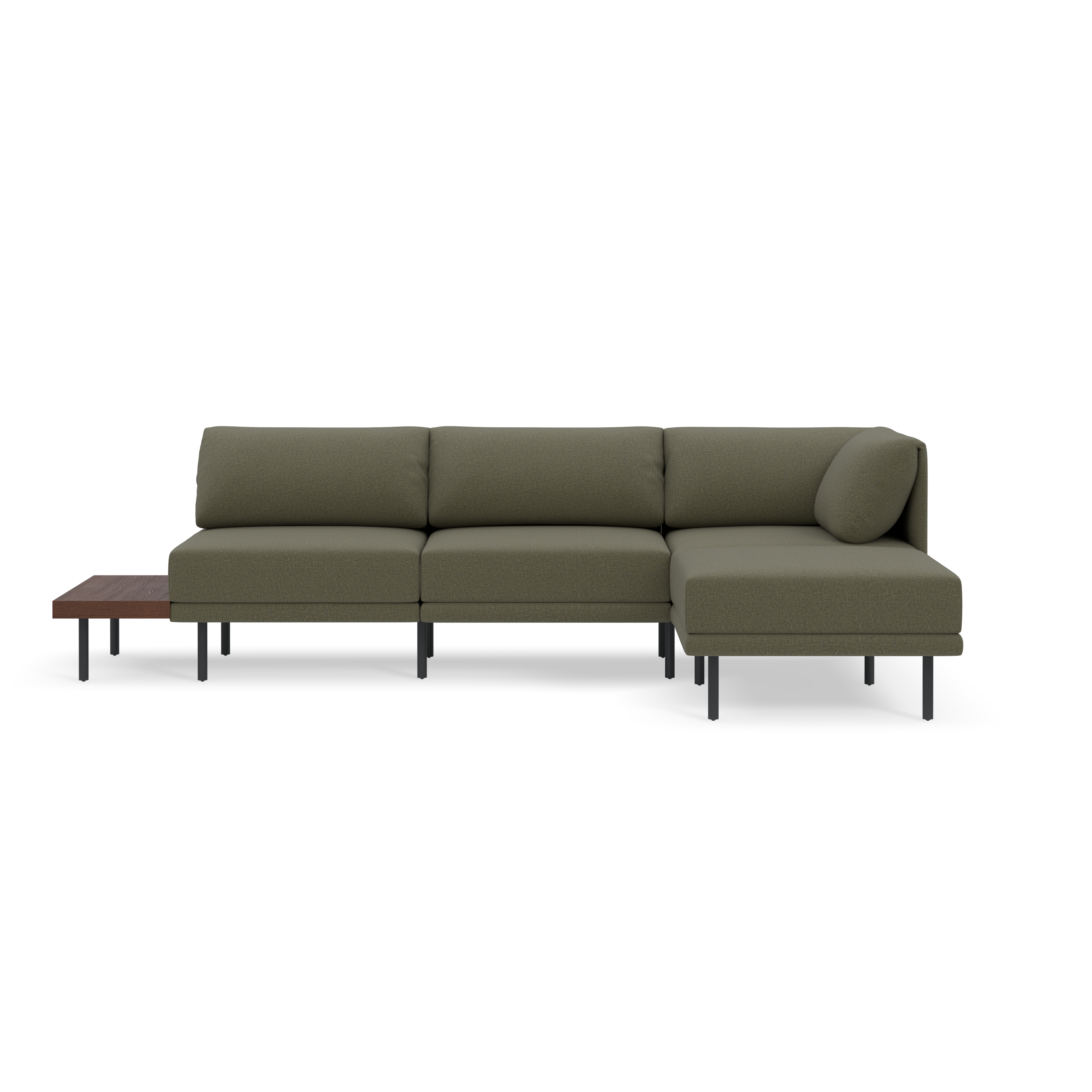 Modern sectional sofa with Moss green fabric upholstery, three seat cushions, and an integrated wooden side table on black legs.