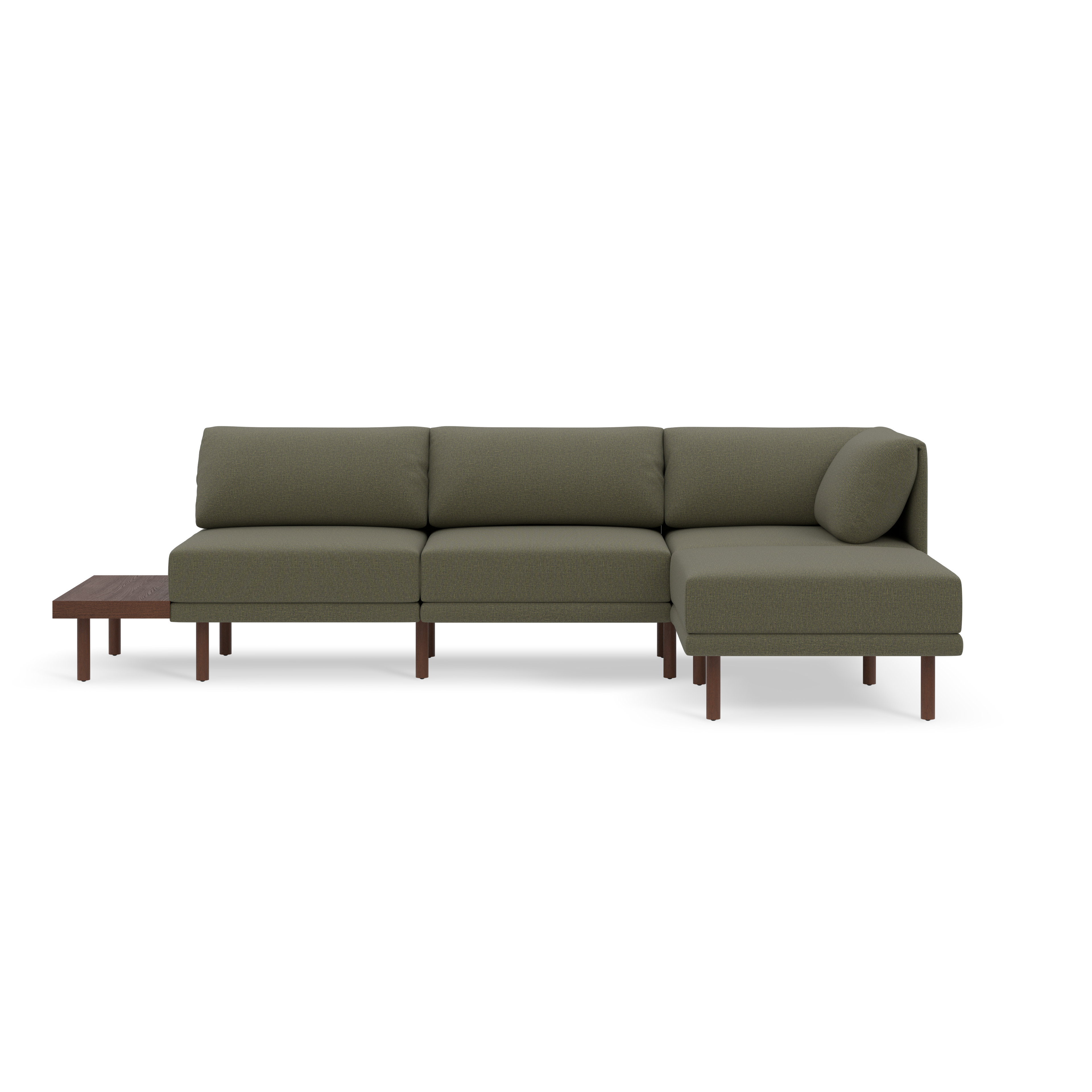 Modern sectional sofa with Moss green upholstery, three seat cushions, wooden legs, and attached side table on black background.