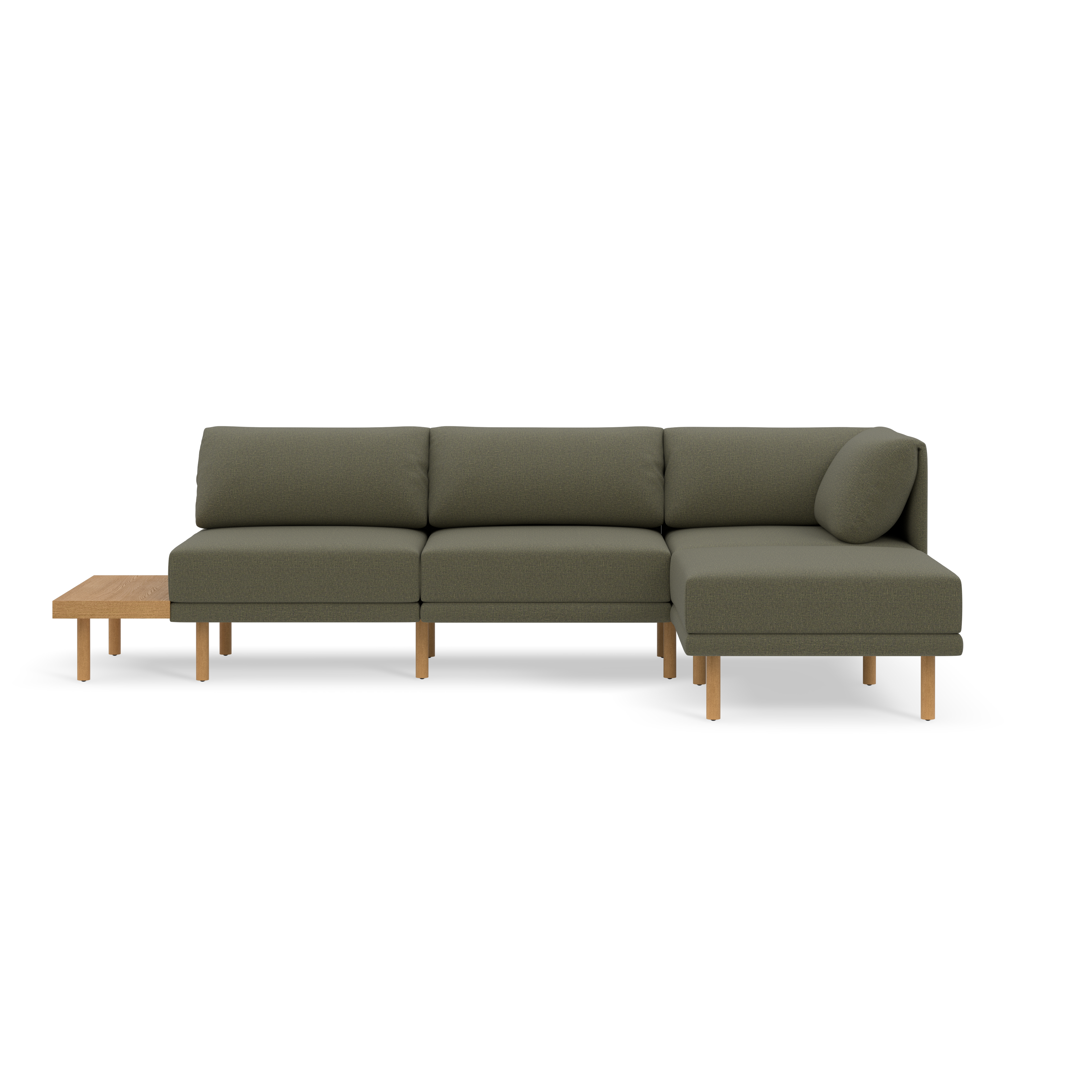 Modern Moss green sectional sofa with wooden legs and an integrated side table on the left, sleek minimalist design.