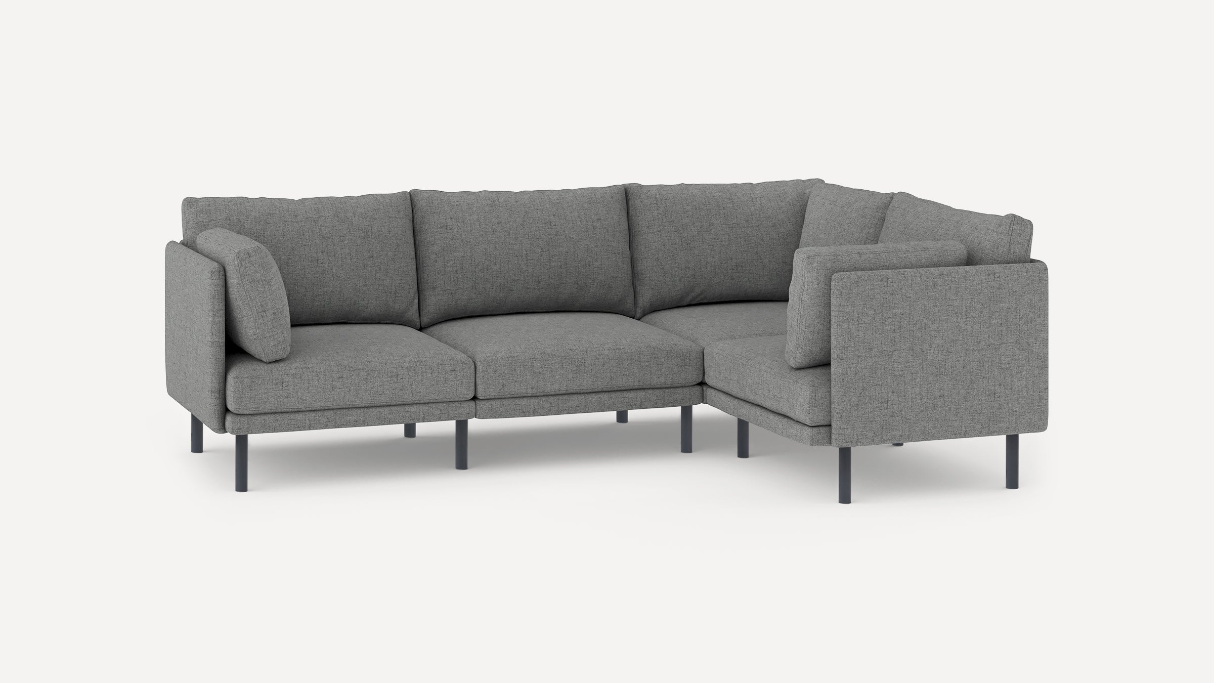 modern l - shaped sectional sofa with light gray fabric upholstery, black metal legs, and clean, minimalist design
