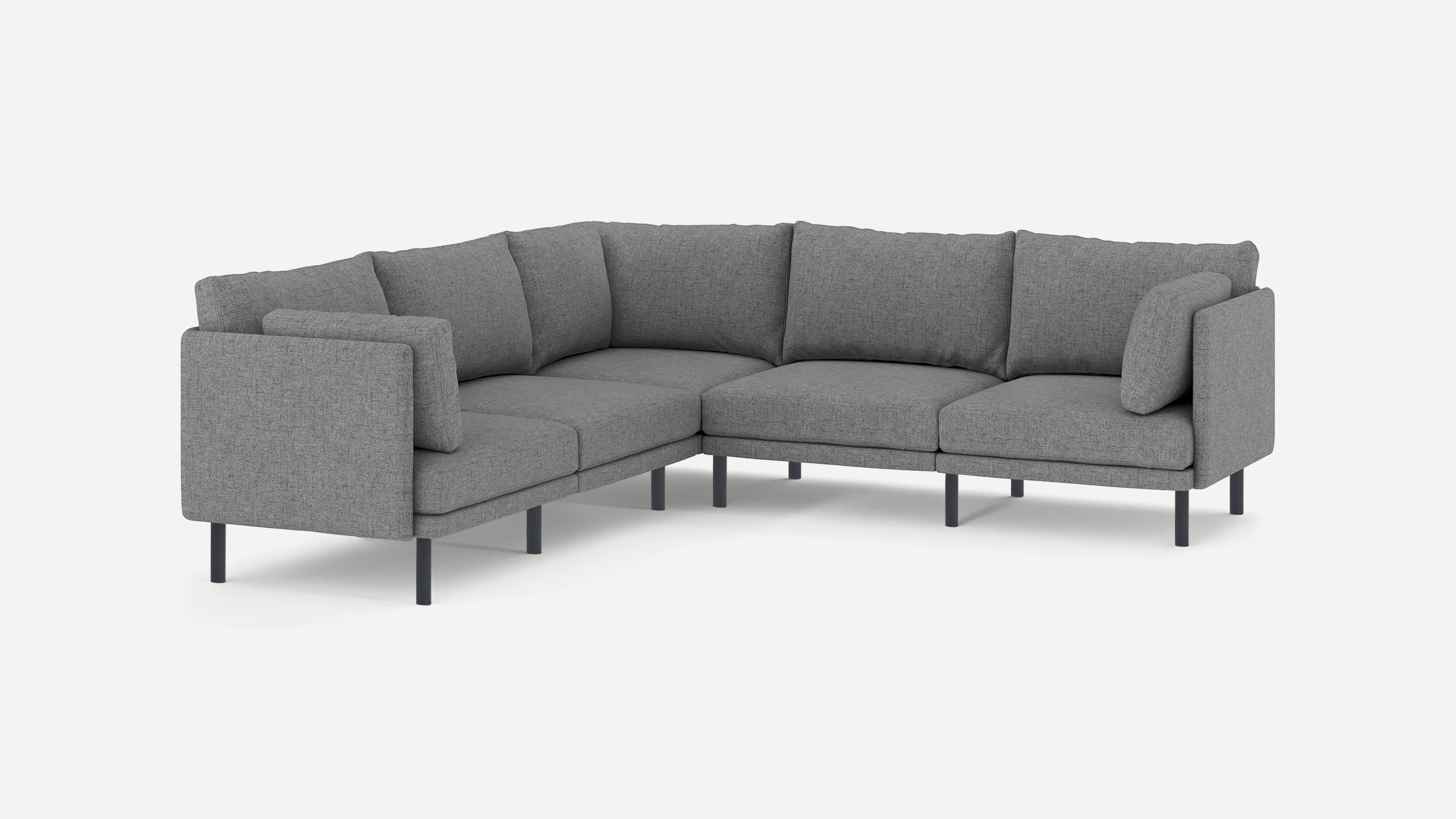 modern l - shaped sectional sofa with light gray fabric upholstery, black metal legs, and clean, minimalist design