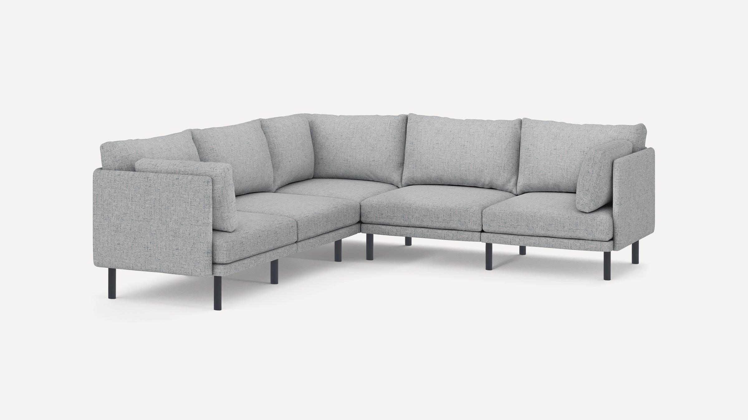Modern light gray fabric sectional sofa with clean lines, metal legs, and cushioned backrests, designed for corner placement.