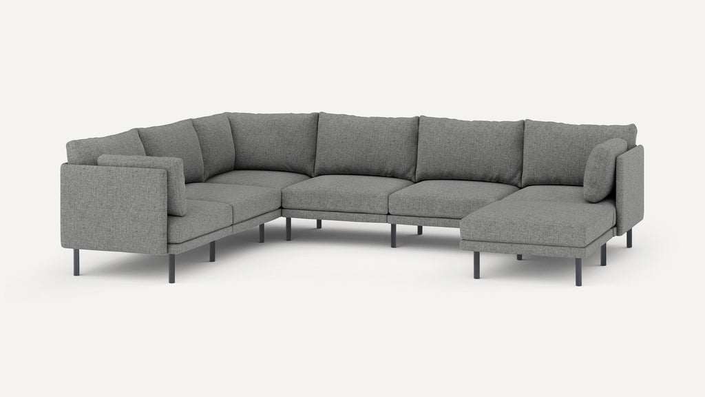 Modern gray fabric sectional sofa with metal legs, featuring multiple cushions and an L-shape design for spacious seating.