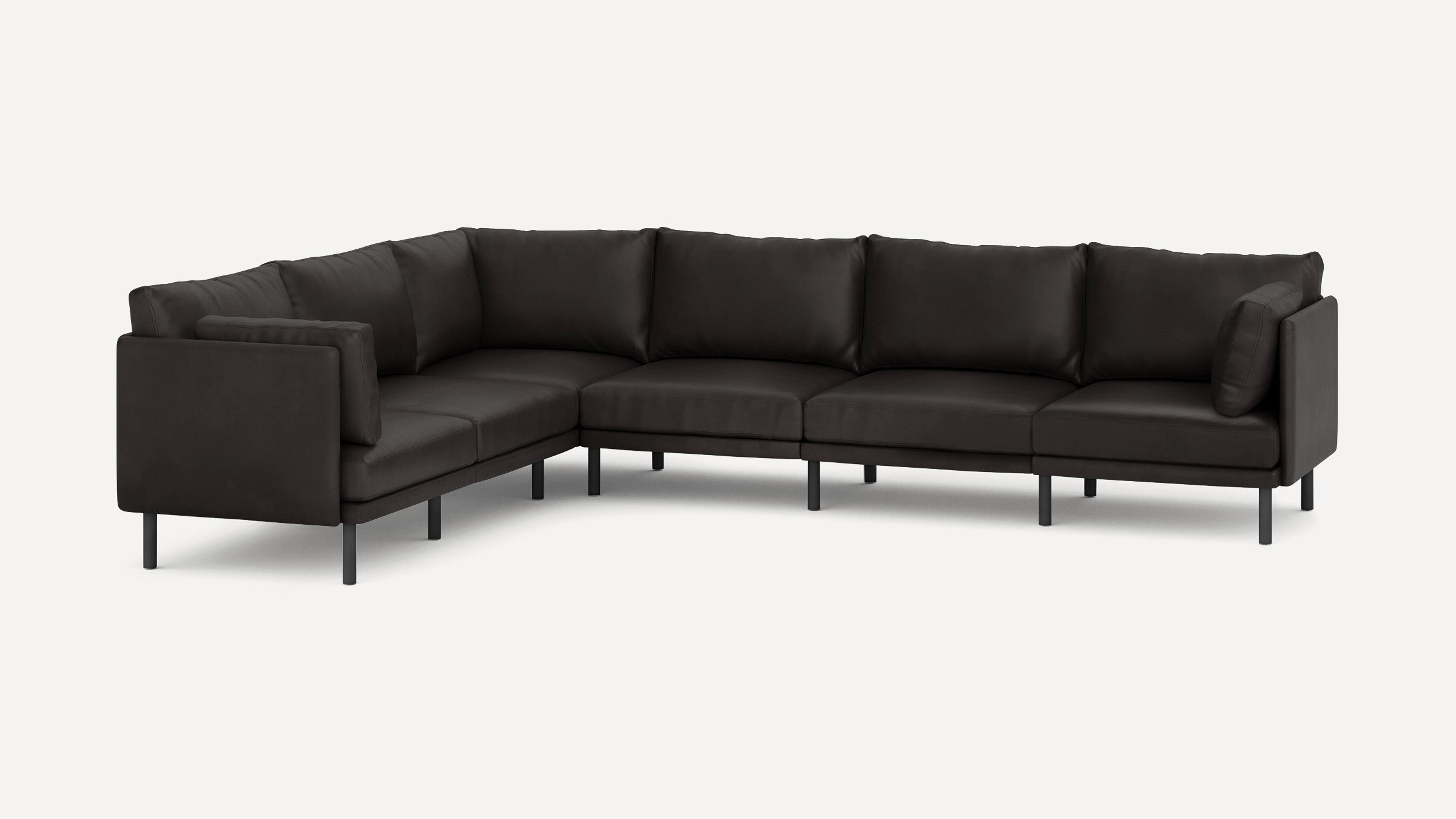 Modern black sectional sofa with clean lines, five cushions, low armrests, and slender black metal legs on a white background.