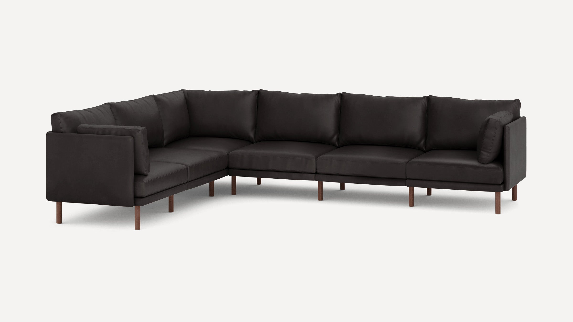 Modern dark brown L-shaped sectional sofa with clean lines, wooden legs, and plush back and seat cushions.