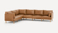 L-shaped modern sectional sofa with tan leather upholstery, wooden legs, and padded cushions for comfort and style.