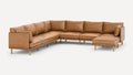 Modern L-shaped sectional sofa with tan leather upholstery and wooden legs, featuring cushioned seats and backrests for comfort.