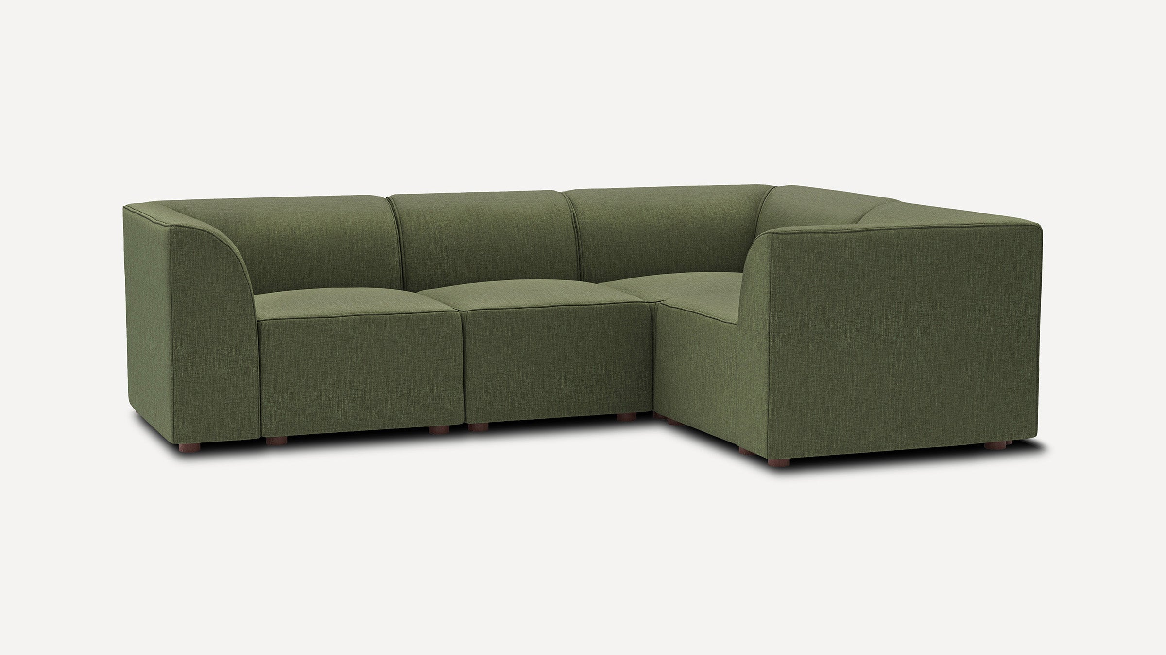 modern l - shaped sectional sofa with green fabric upholstery, featuring wooden legs and a deep - green fabric upholstery, on