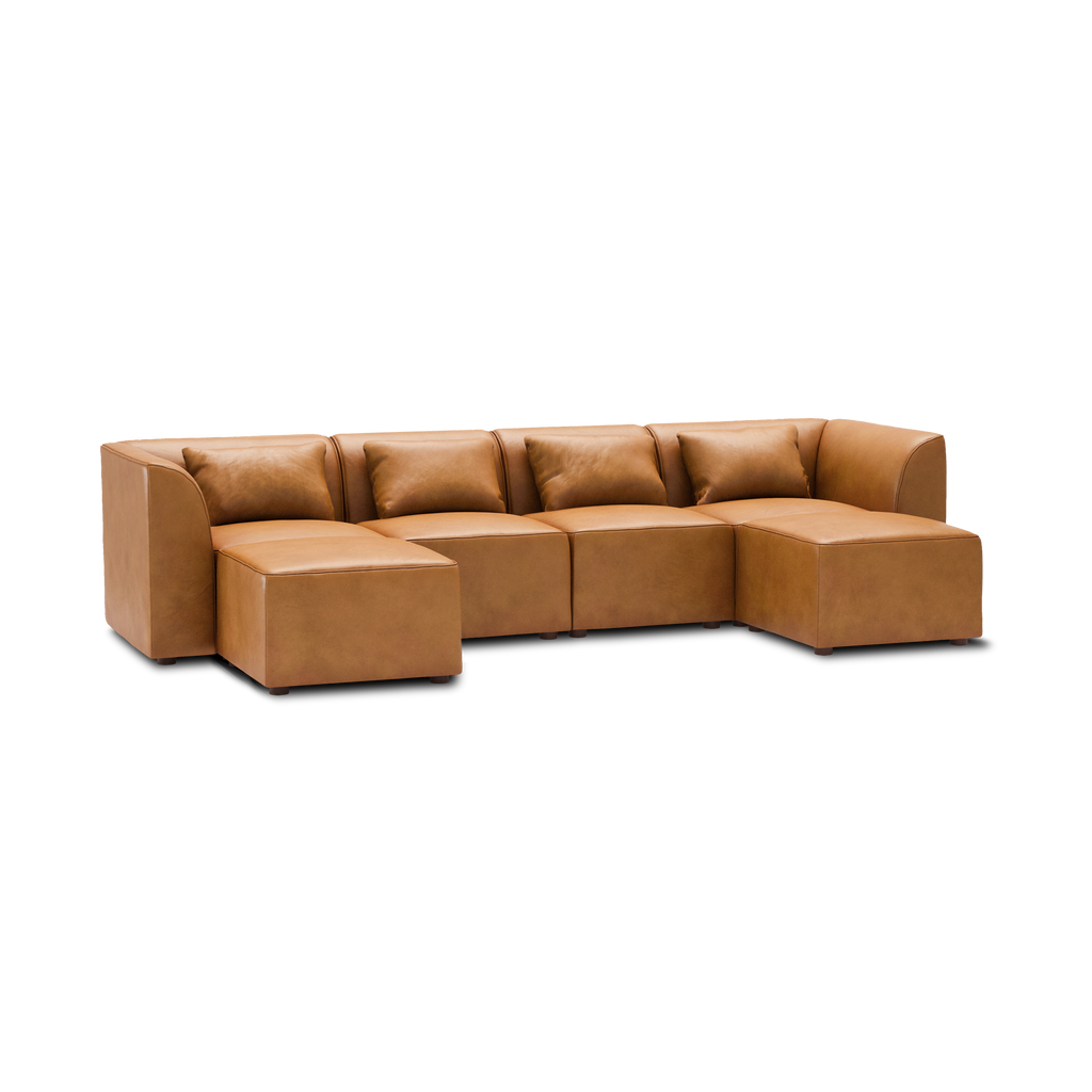 Mambo 6-Piece Double Sectional Lounger - Camel - Top Grain Leather / High