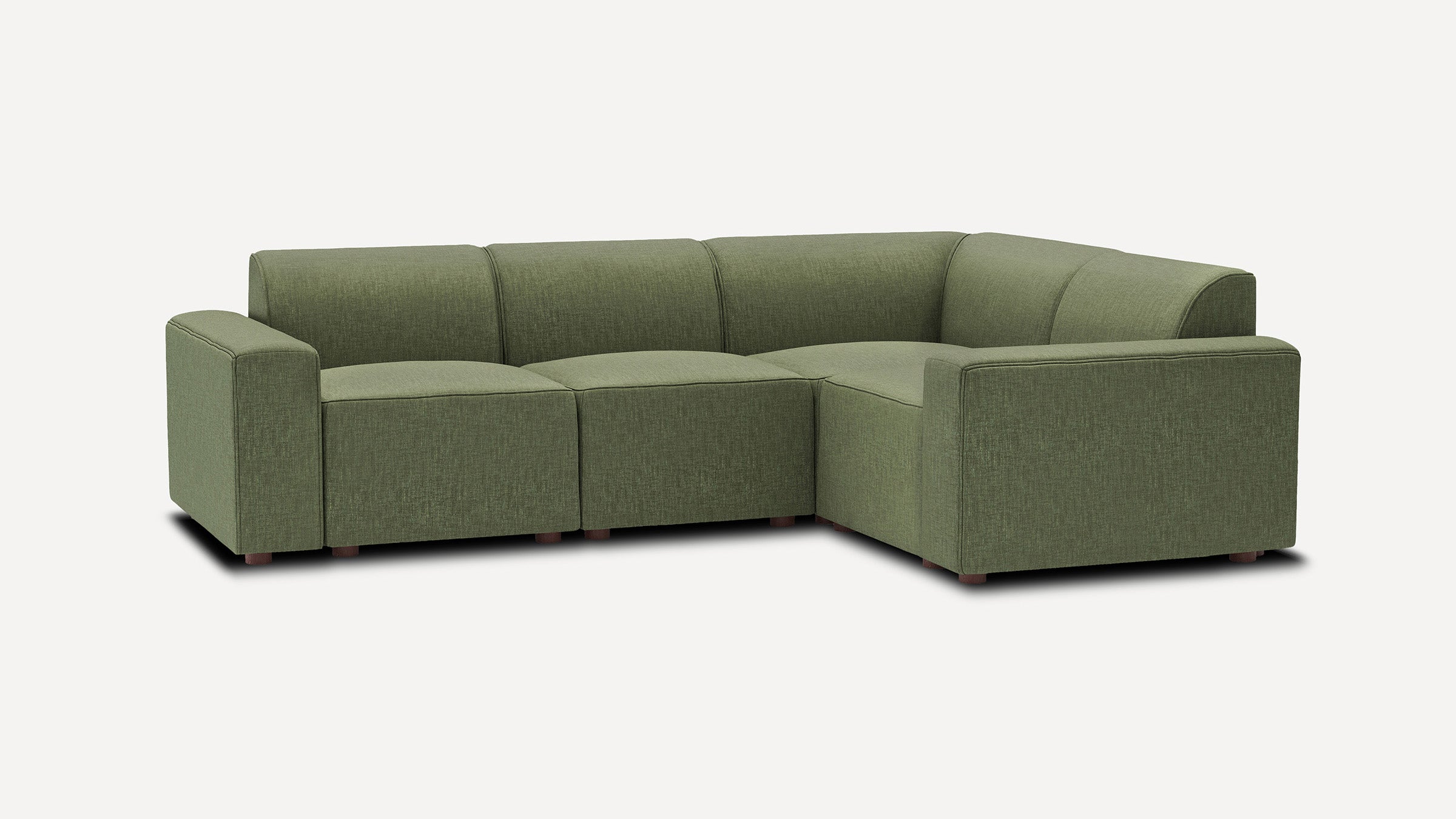 modern l - shaped sectional sofa with green fabric upholstery, three - seater, and wooden legs, on a white background