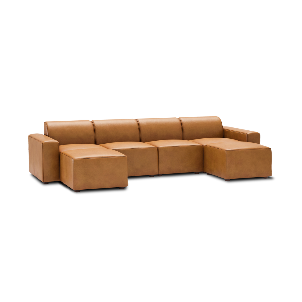 Mambo 6-Piece Double Sectional Lounger - Camel - Top Grain Leather / Low