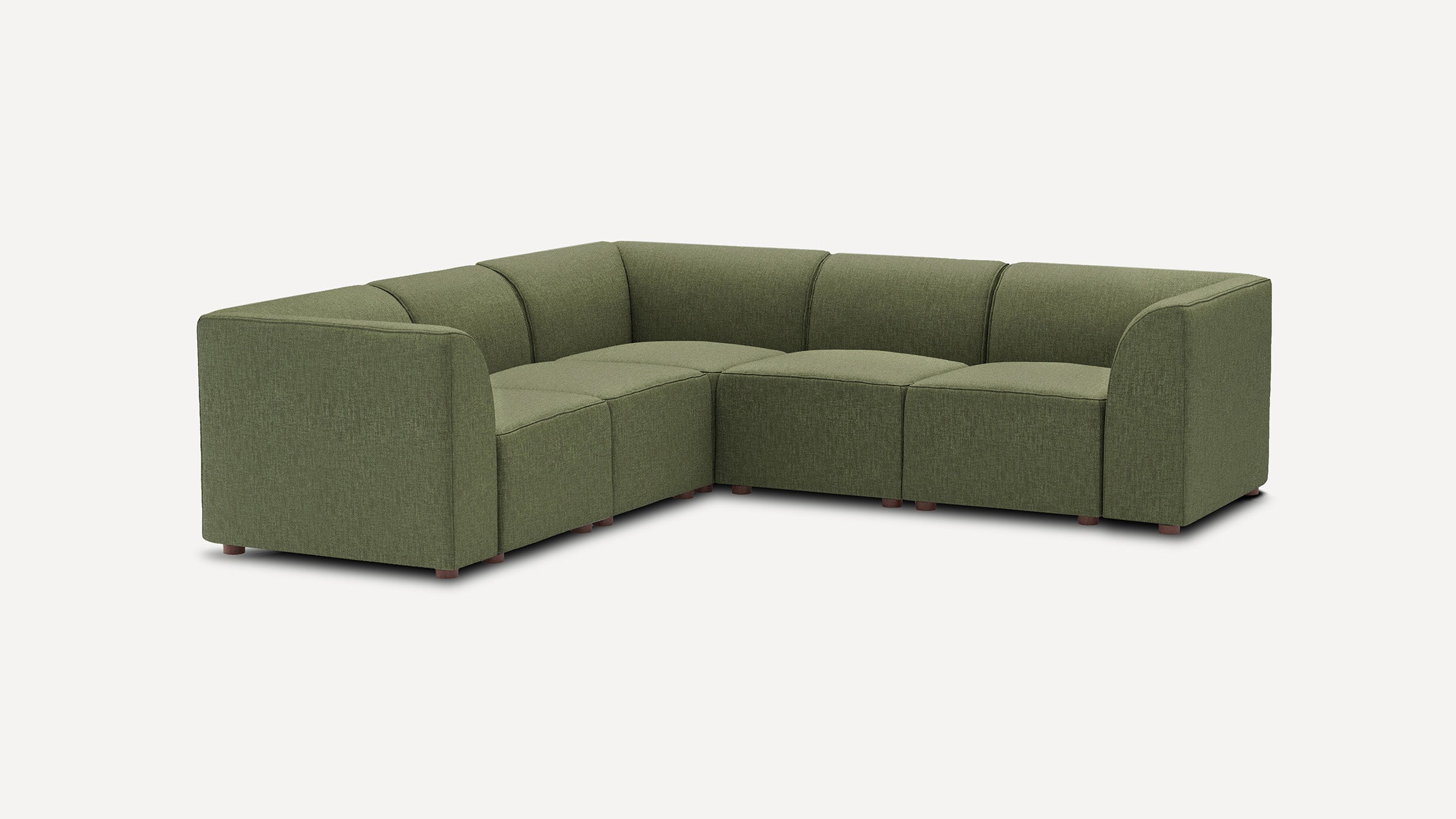 modern l - shaped sectional sofa in olive green fabric with wooden legs and matching cushions on white background