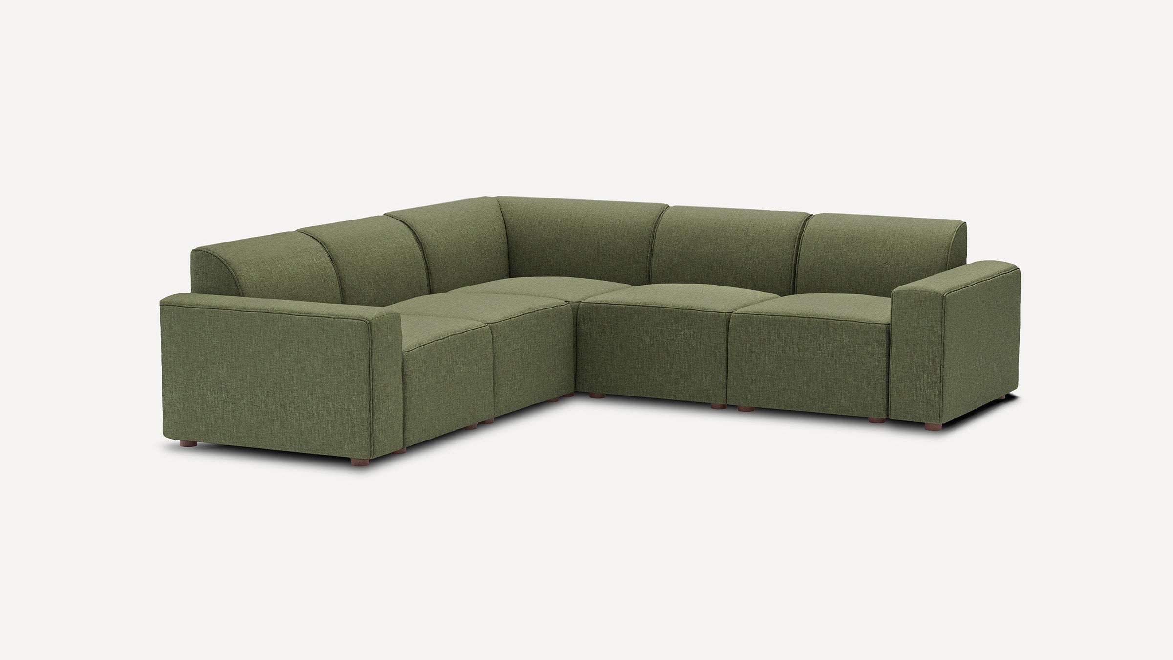 modern l - shaped sectional sofa in olive green fabric with wooden legs and matching ottoman, featuring a clean, minimalist design