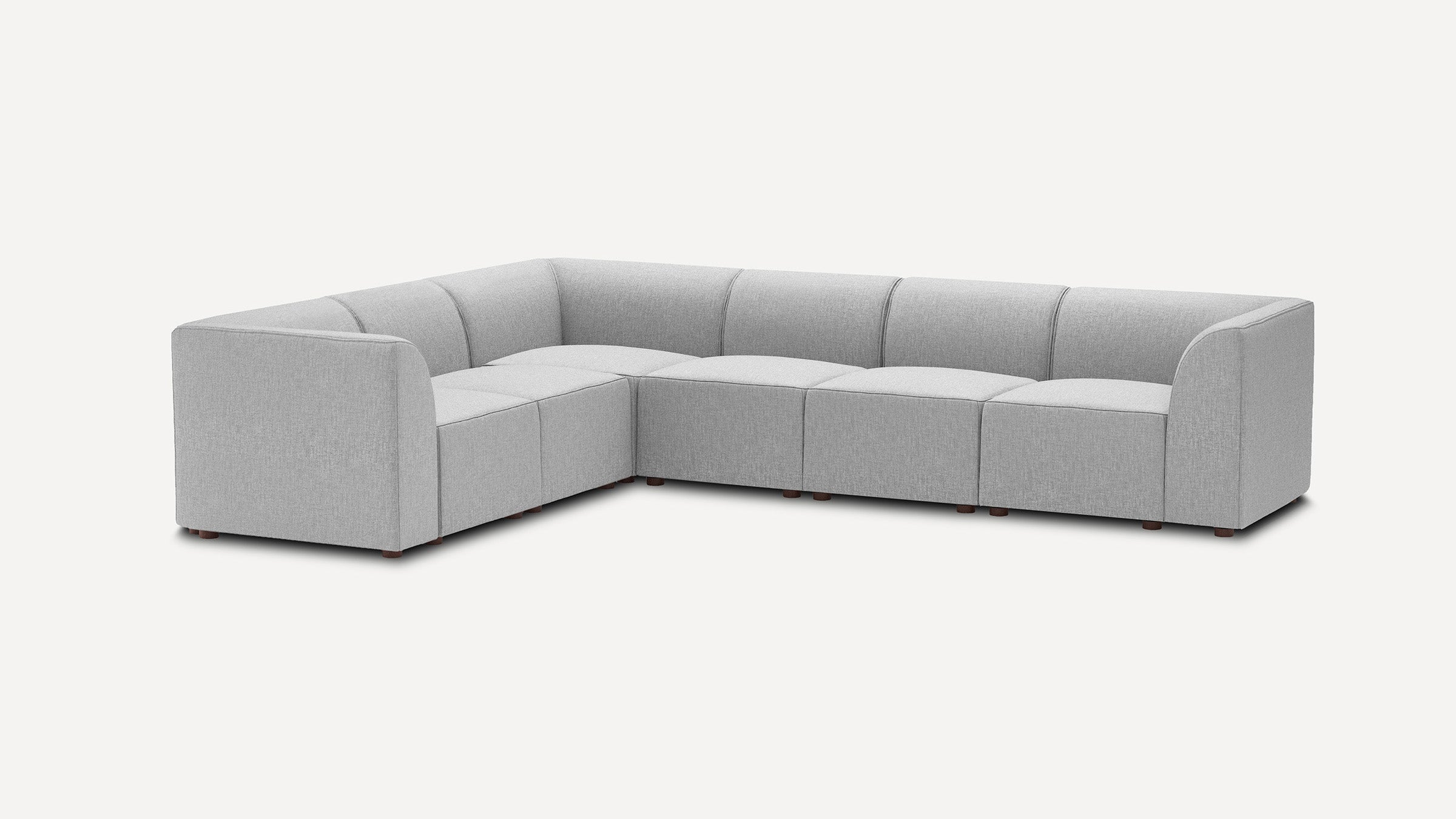 modern light gray fabric l - shaped sectional sofa with wooden legs and clean lines on the back, featuring a deep - gray fabric upholster