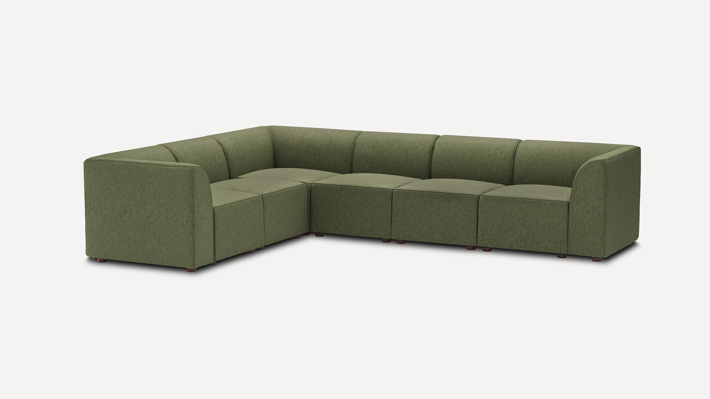 modern l - shaped sectional sofa in olive green fabric with wooden legs and back cushions, featuring a deep, deep - cut design